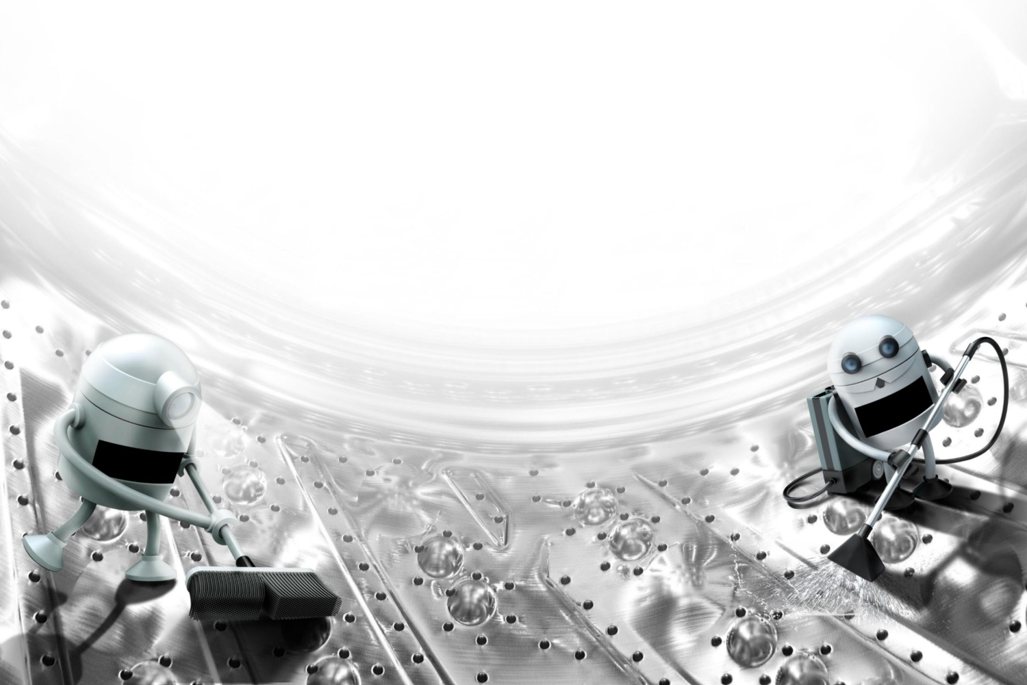 Due robot pulitori su una superficie metallica. Uno usa una spazzola, l'altro un aspirapolvere. Bolle sparse. Sfondo bianco.