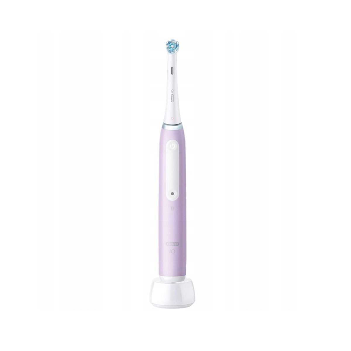 Fioletowo-biała elektryczna szczoteczka do zębów stoi na swojej stacji ładującej. Główka jest niebiesko-biała.