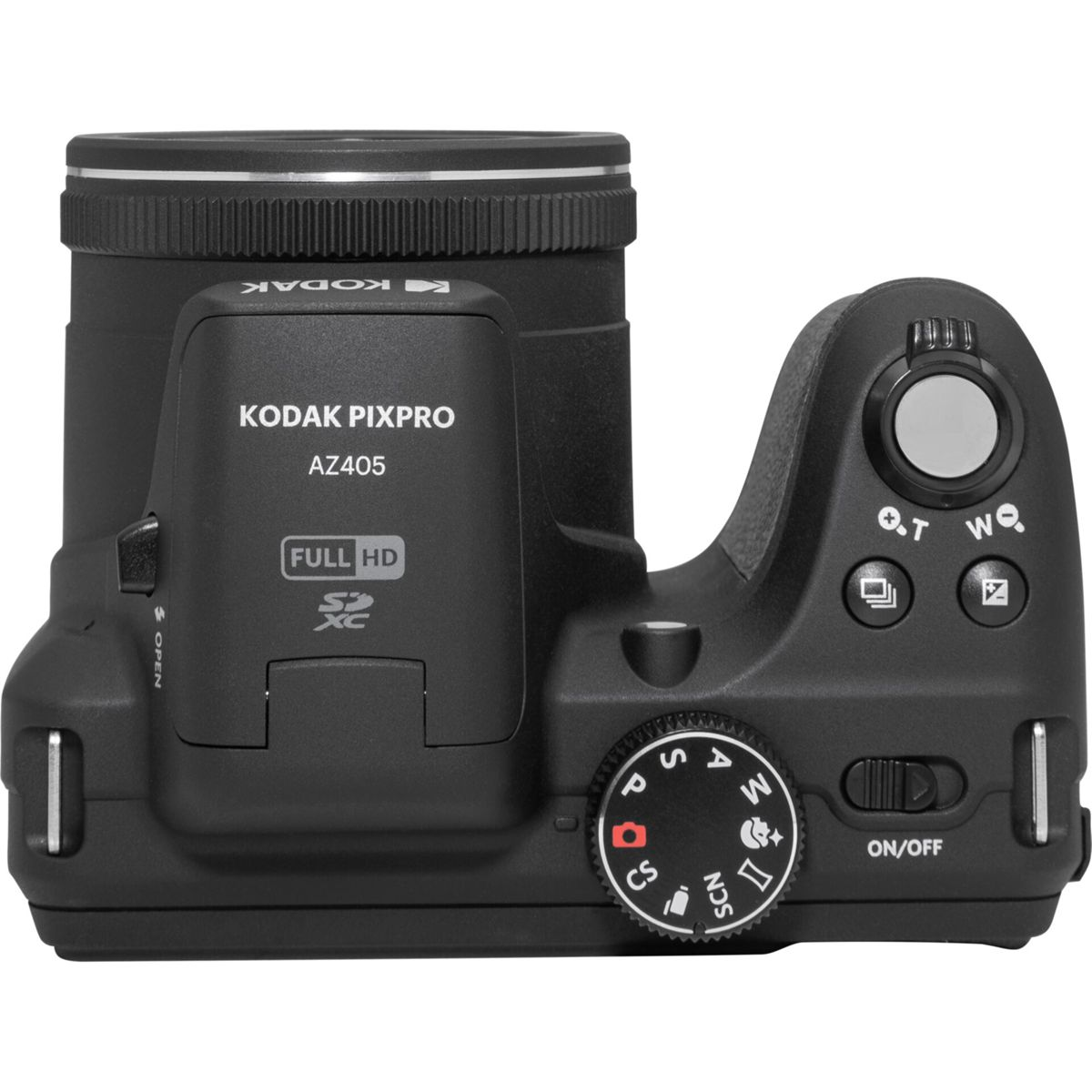 Schwarze Kodak Pixpro Kamera mit Objektiv, Moduswahlrad und Knöpfen. Beschriftungen umfassen 'FULL HD' und 'ON/OFF'.