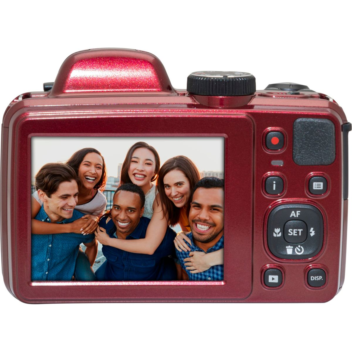Czerwony aparat cyfrowy wyświetla zdjęcie sześciu uśmiechniętych osób. Aparat ma przyciski i pokrętło.