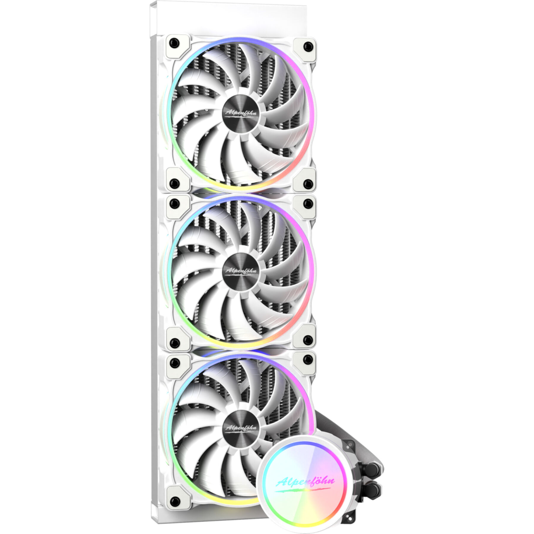 Weißer CPU-Kühler mit drei Lüftern und einer Pumpe, mit Regenbogen-LED-Beleuchtung. Die Marke ist 'Alpenföhn'.