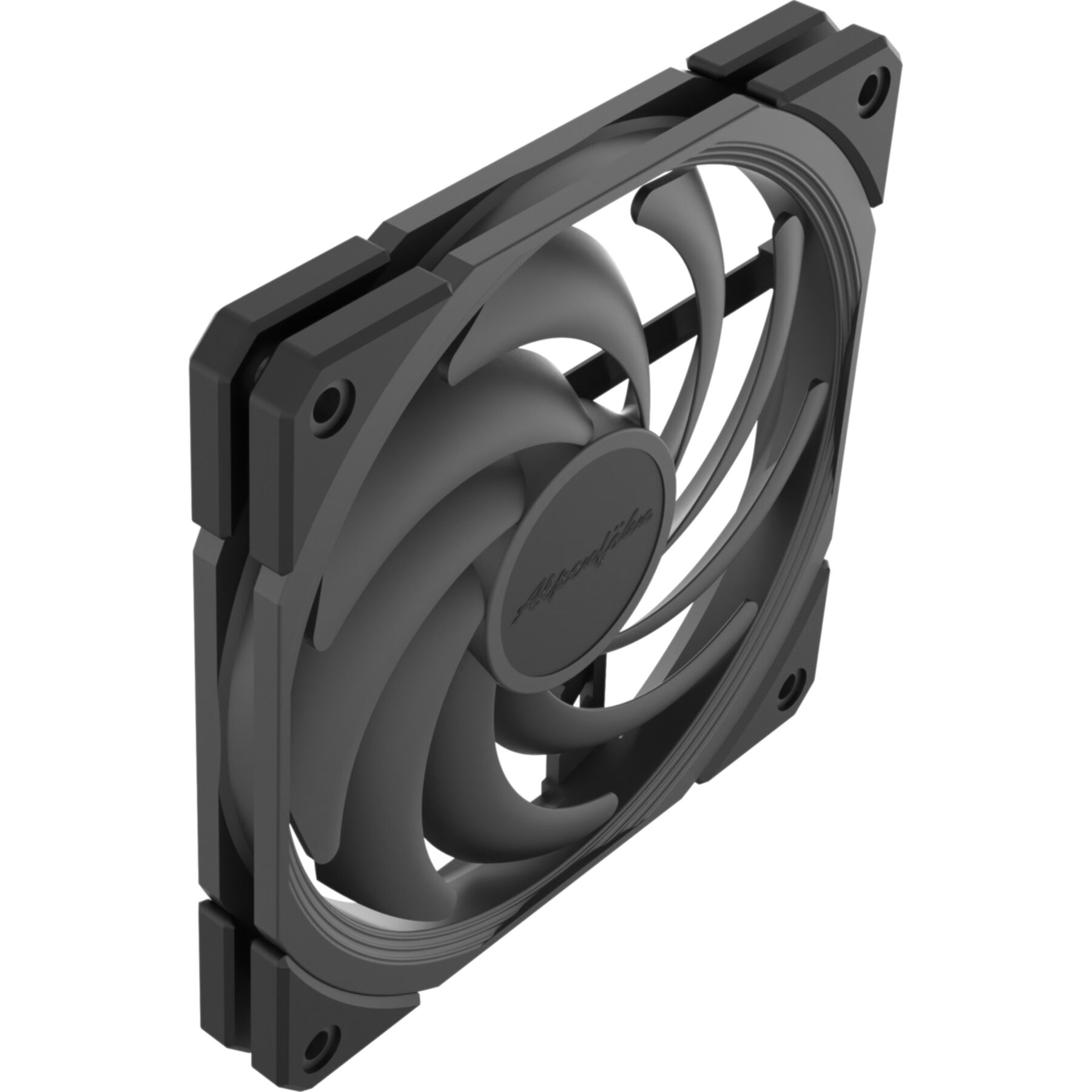 Viene mostrata una ventola per computer nera. Ha pale curve e un mozzo centrale con un logo. Anche il telaio è nero.