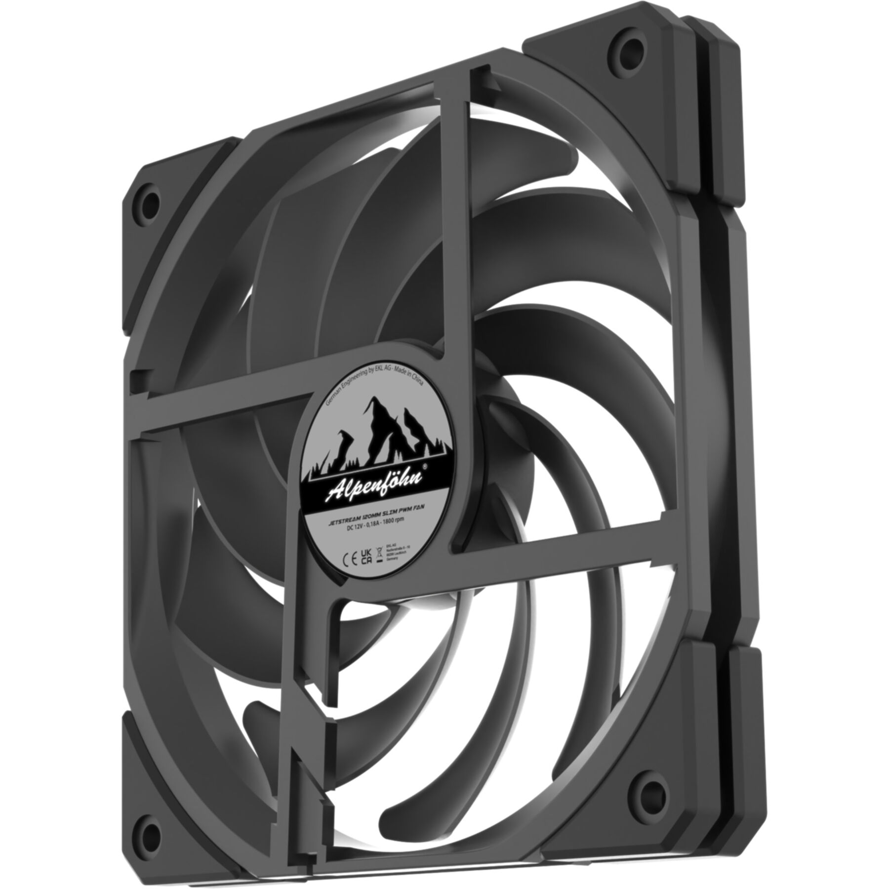 Una ventola per computer nera con pale curve e un logo centrato. La ventola è quadrata.
