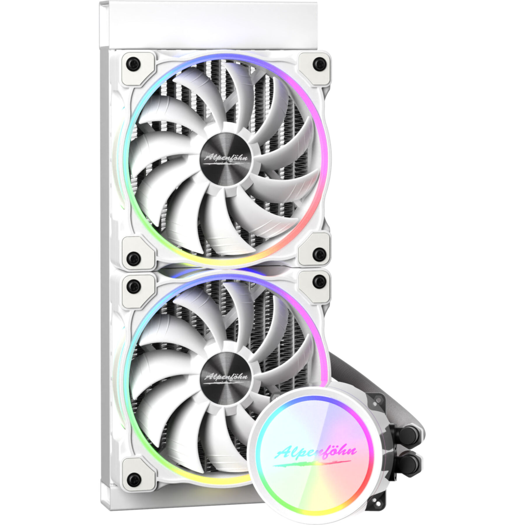 Weißer CPU-Kühler mit zwei Lüftern und einer runden Pumpe. Lüfter mit Regenbogen-LED-Beleuchtung, Logo sichtbar.