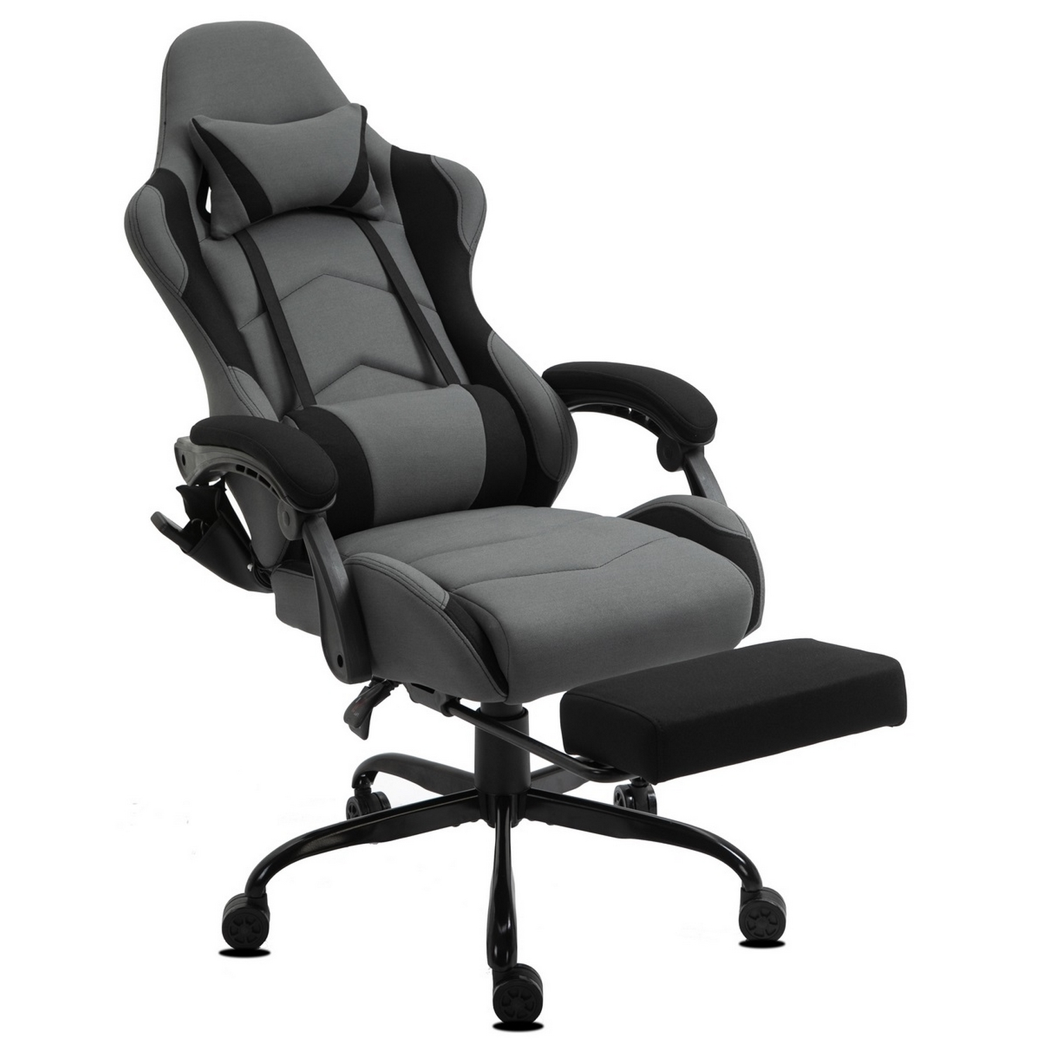 Gaming-Stuhl in Grau und Schwarz. Er hat eine Kopfstütze, Armlehnen und eine Fußstütze. Der Stuhl steht auf Rollen.
