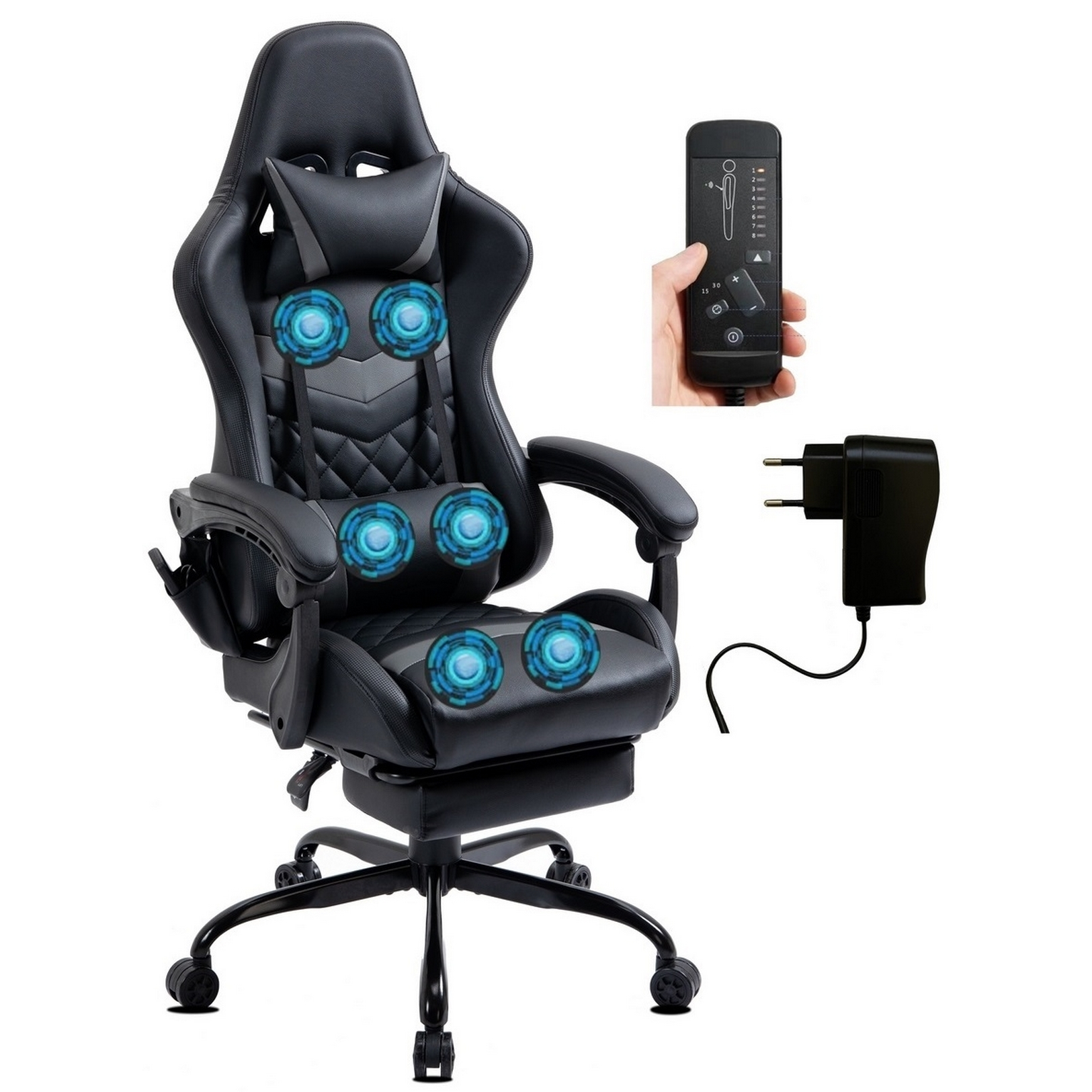 Schwarzer Gaming-Stuhl mit Massagepunkten. Eine Hand hält eine Fernbedienung. Rechts ein schwarzes Netzteil.