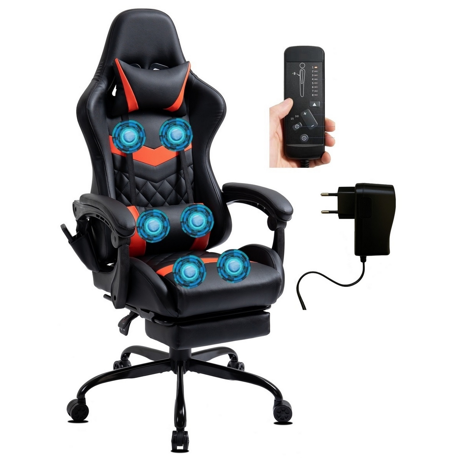 Schwarzer und orangefarbener Gaming-Stuhl mit Massagepunkten, Fernbedienung und Netzteil, isoliert auf weißem Hintergrund.