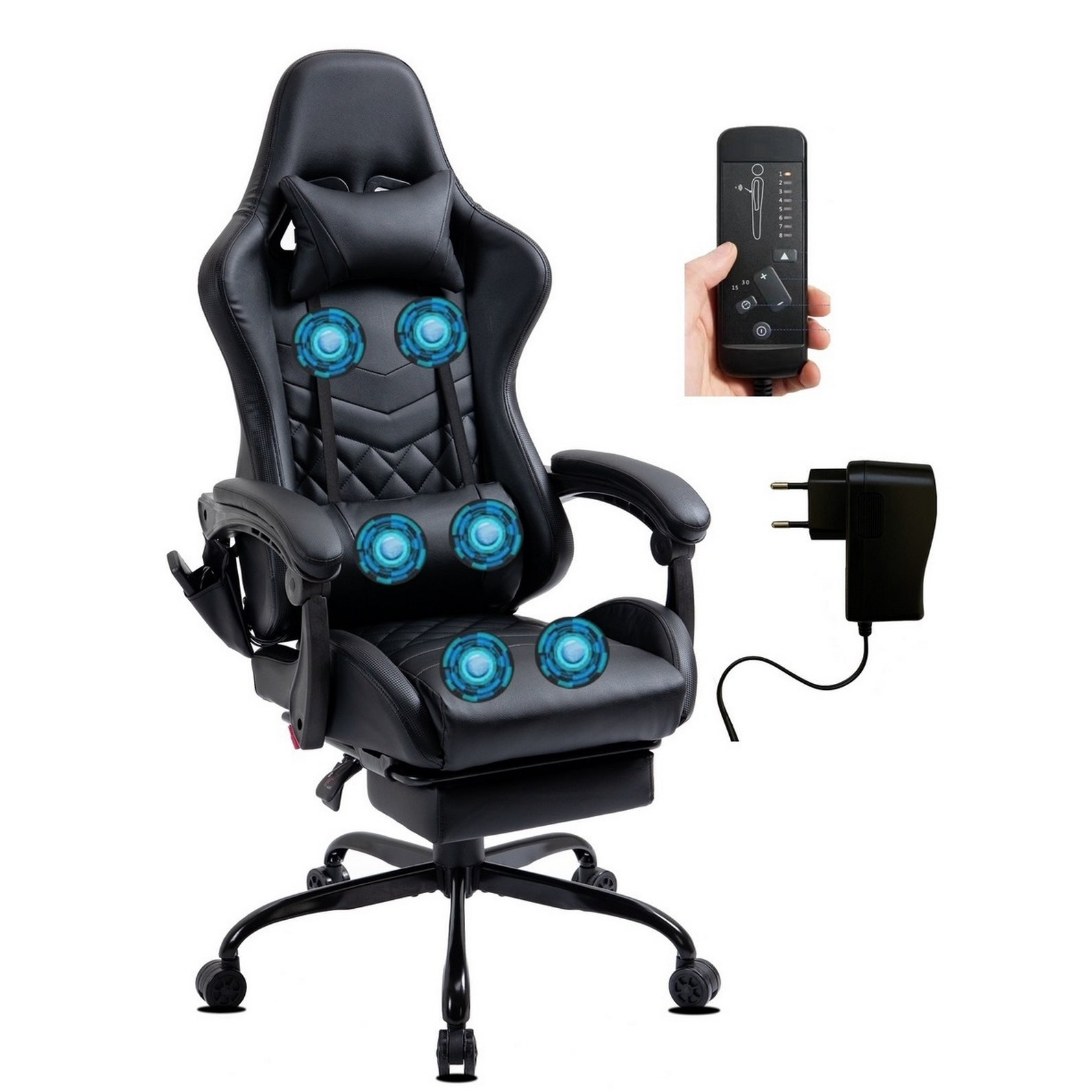 Schwarzer Gaming-Stuhl mit Massagepunkten, Fernbedienung und Netzteil. Stuhl hat eine Kopfstütze und Räder.