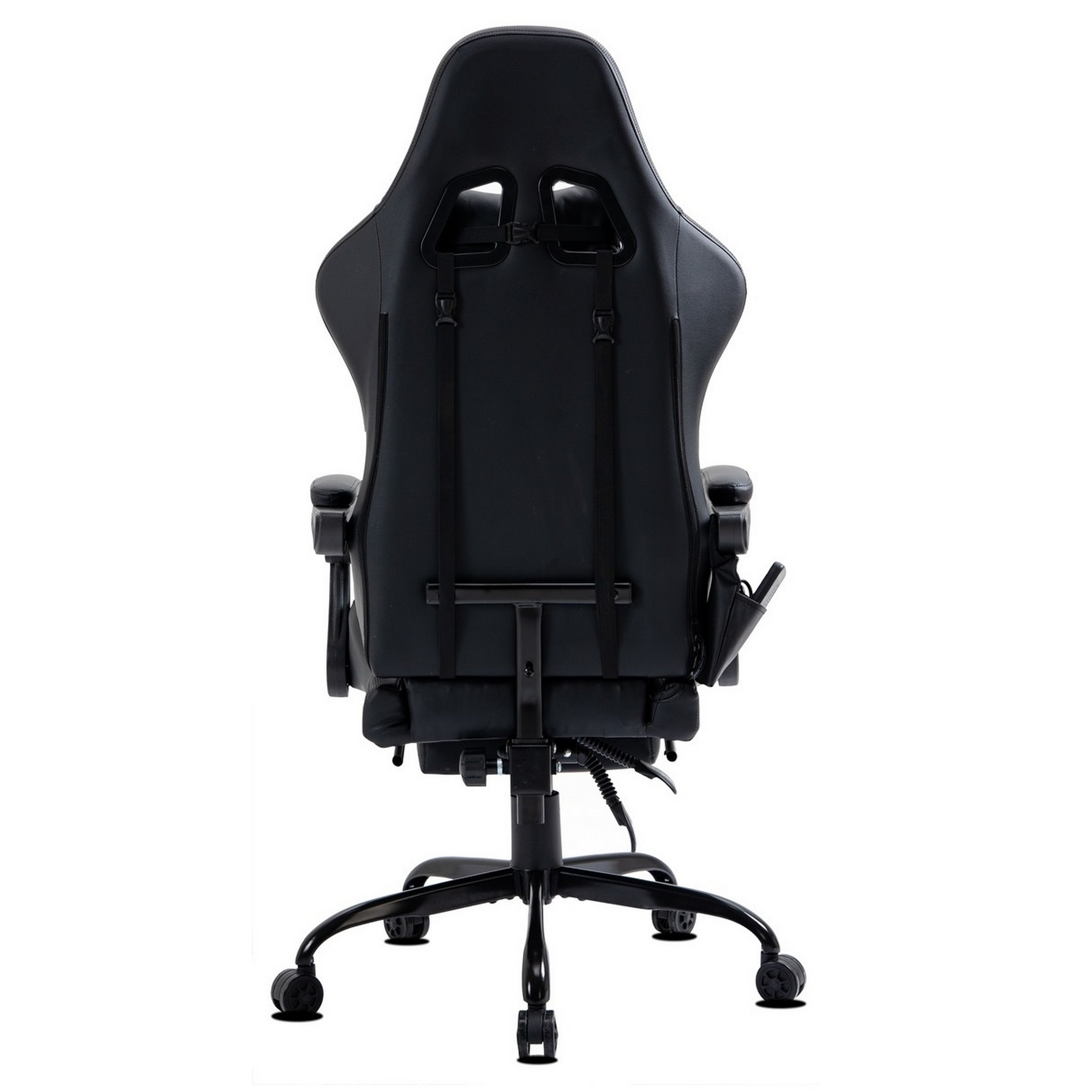 Ein schwarzer Gaming-Stuhl von hinten. Er hat eine hohe Rückenlehne mit zwei Löchern, Armlehnen und ein Fünf-Rad-Gestell.