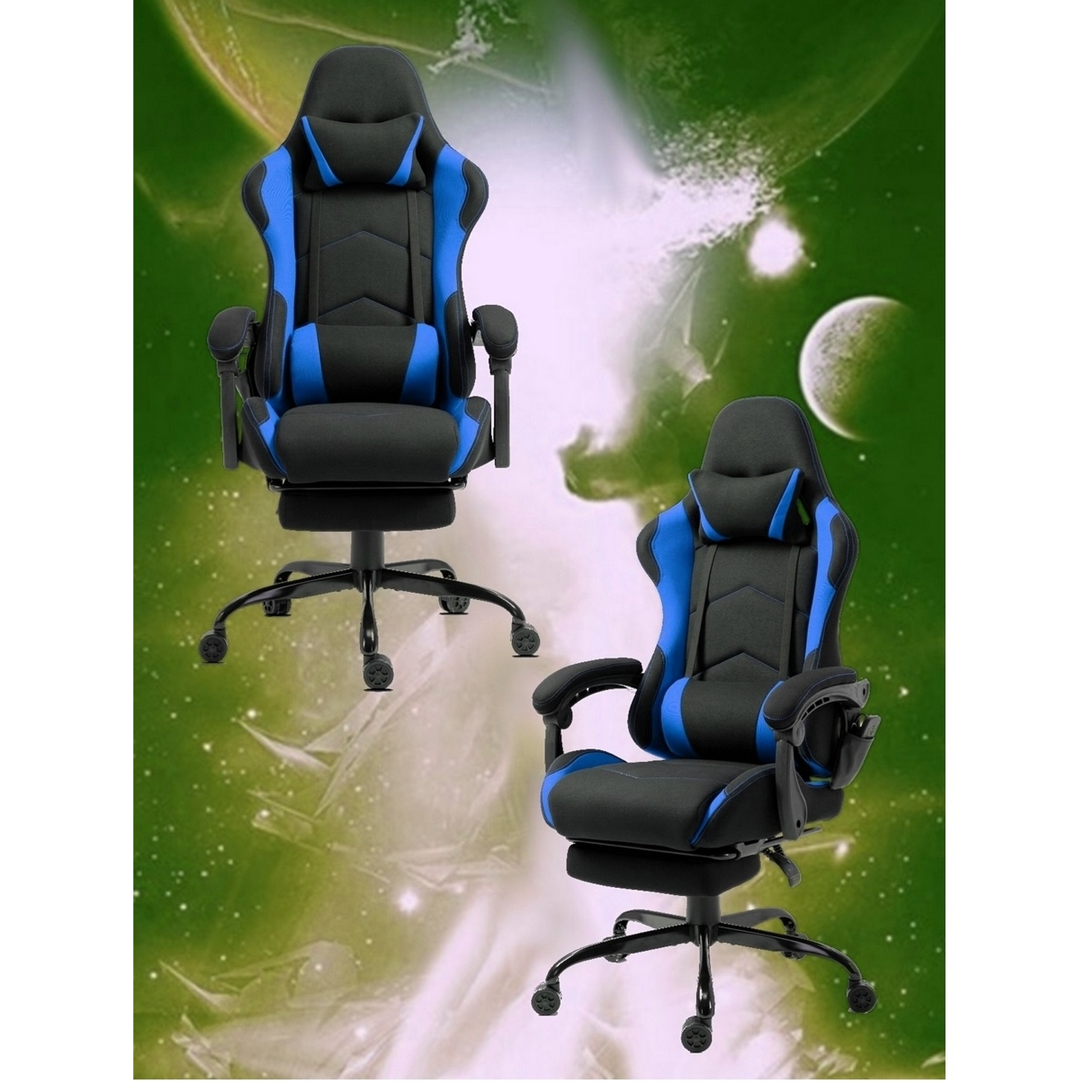 Zwei schwarze und blaue Gaming-Stühle. Sie haben Kopfstützen, Armlehnen und Fußstützen. Der Hintergrund hat ein Weltraumthema.