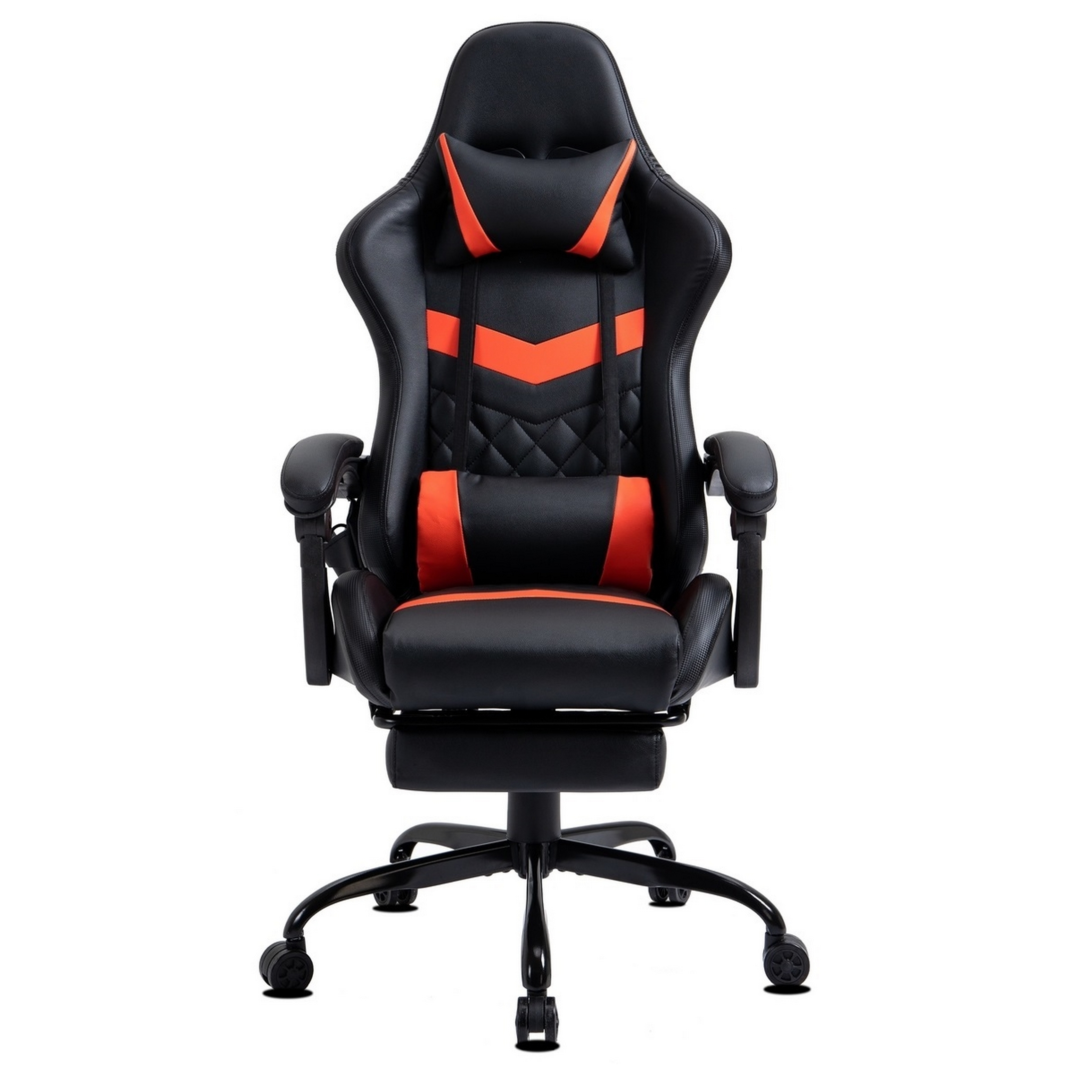 Ein schwarzer und orangefarbener Gaming-Stuhl mit Kopfstütze, Lendenwirbelstütze, Armlehnen und Fußstütze auf weißem Hintergrund.