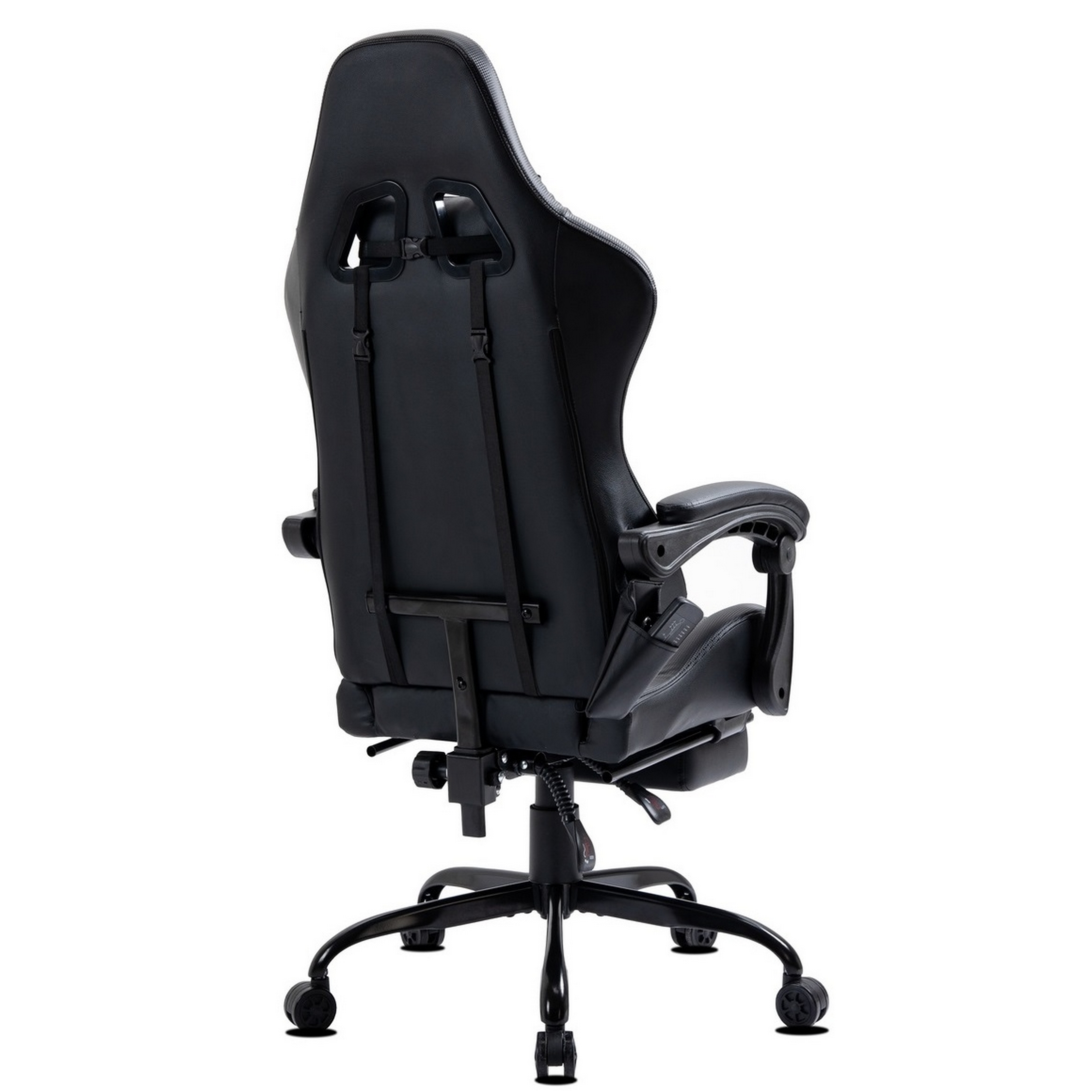 Schwarzer Gaming-Stuhl von hinten. Er hat eine hohe Rückenlehne, Armlehnen und ein Fünf-Rollen-Gestell. Der Hintergrund ist weiß.