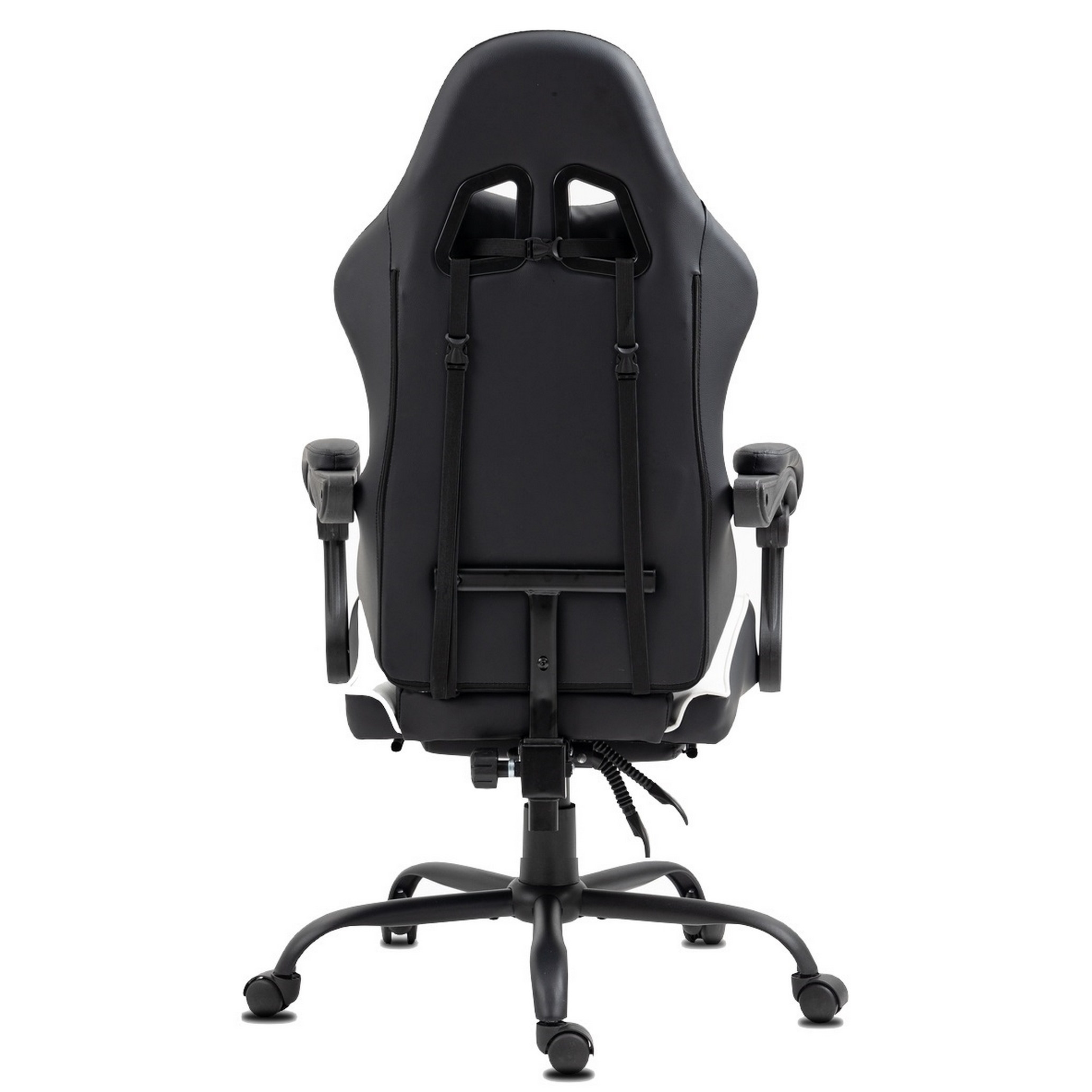 Ein schwarz-weißer Gaming-Stuhl. Er hat eine hohe Rückenlehne mit zwei Löchern, Armlehnen und ein Fünf-Rad-Gestell.