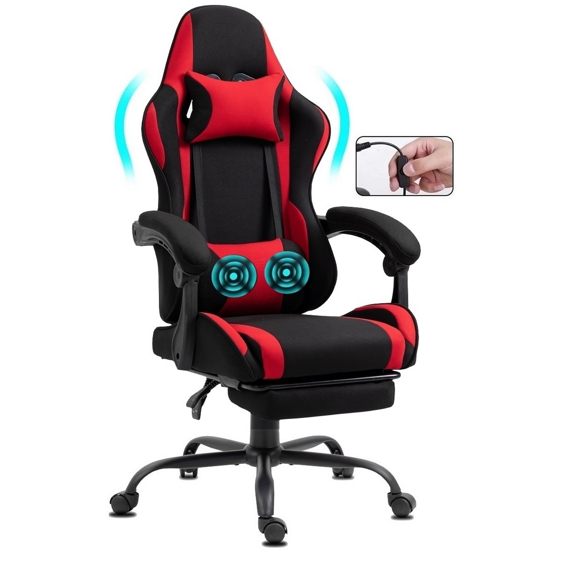 Ein schwarz-roter Gaming-Stuhl mit Kopf- und Lendenwirbelstütze. Er hat Armlehnen und eine Fußstütze. Eine Hand, die eine Fernbedienung hält, ist abgebildet.