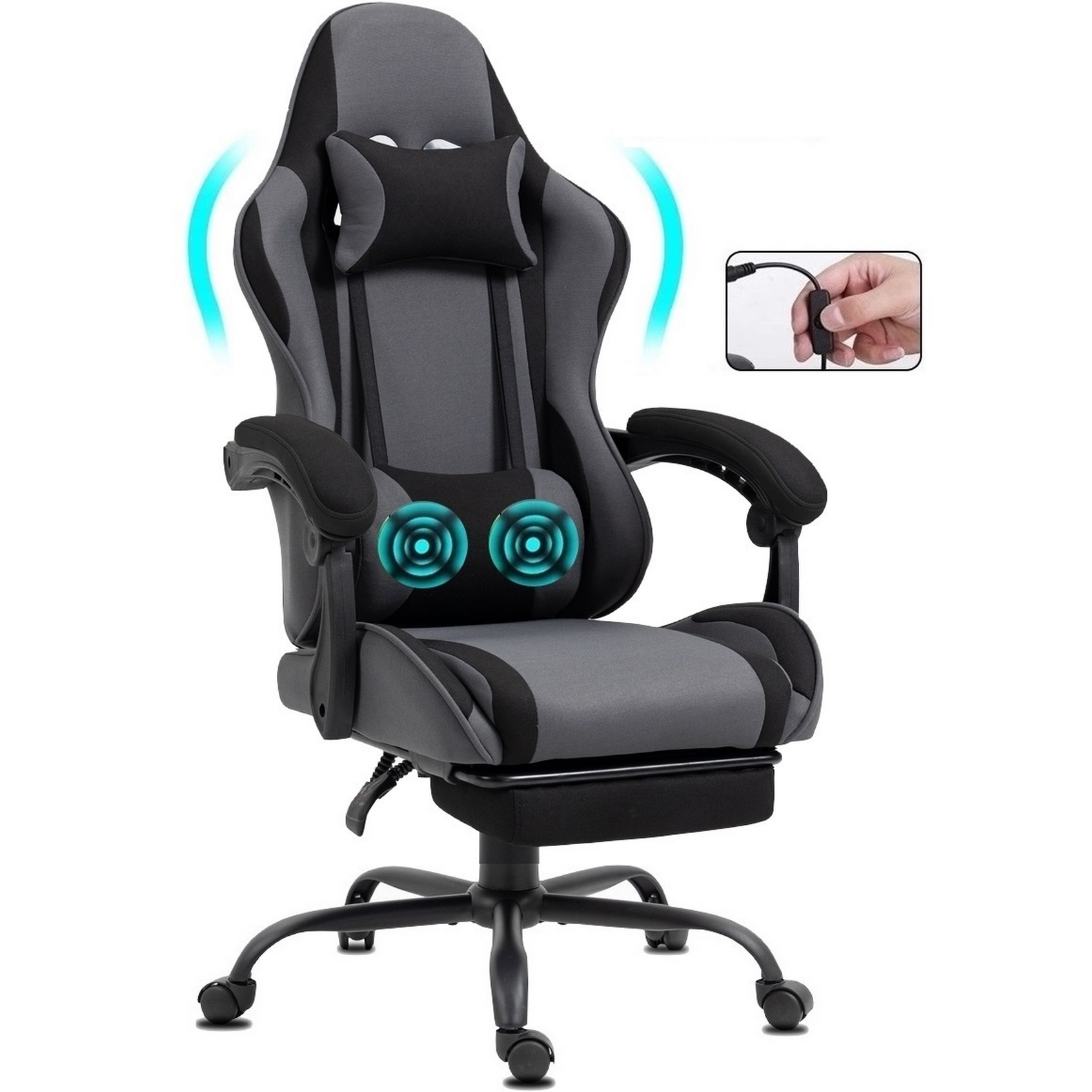 Ein grau-schwarzer Gaming-Stuhl mit Kopfstütze und Lendenwirbelstütze. Der Stuhl hat eine Massagefunktion und eine Fußstütze.