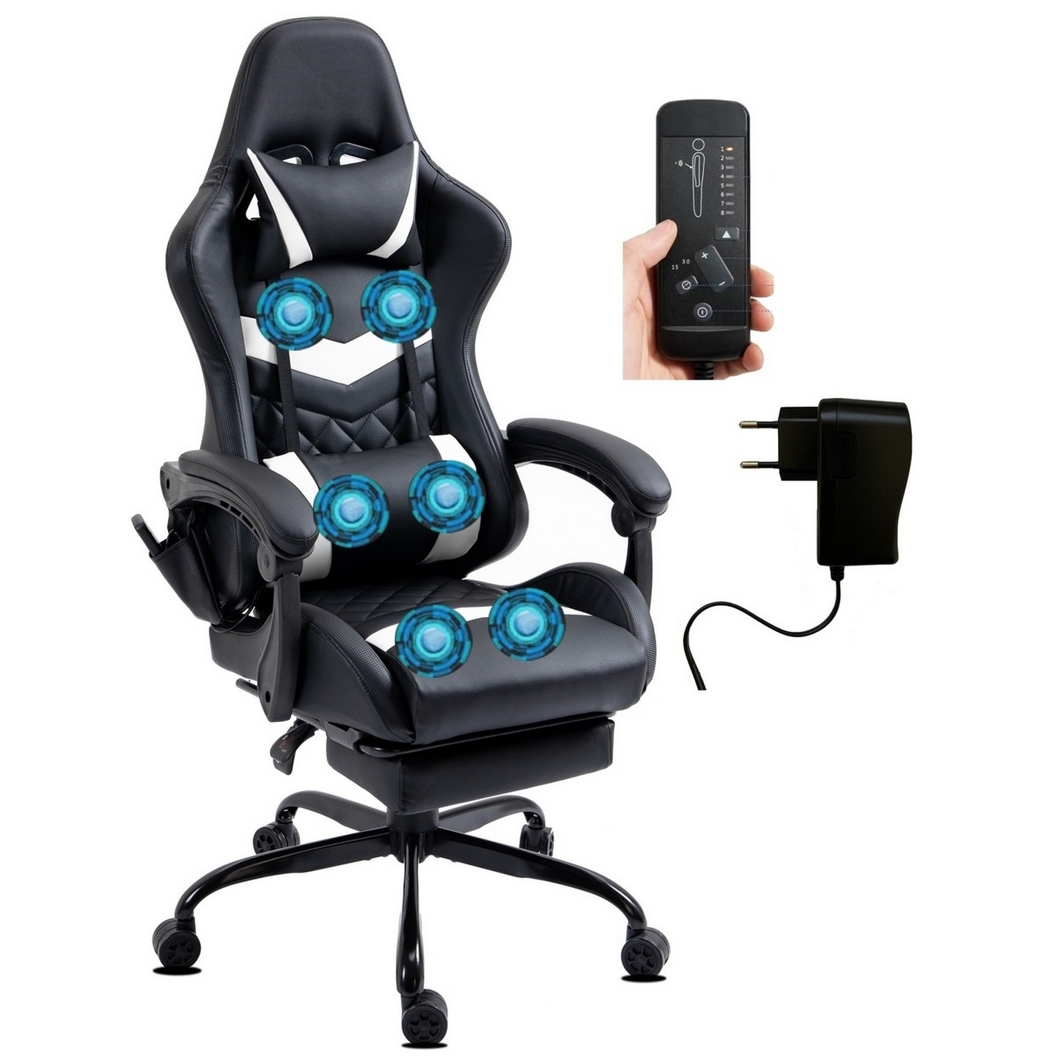 Schwarzer und weißer Gaming-Stuhl mit blauen Massagepunkten. Fernbedienung in der Hand. Netzteil daneben. Weißer Hintergrund.