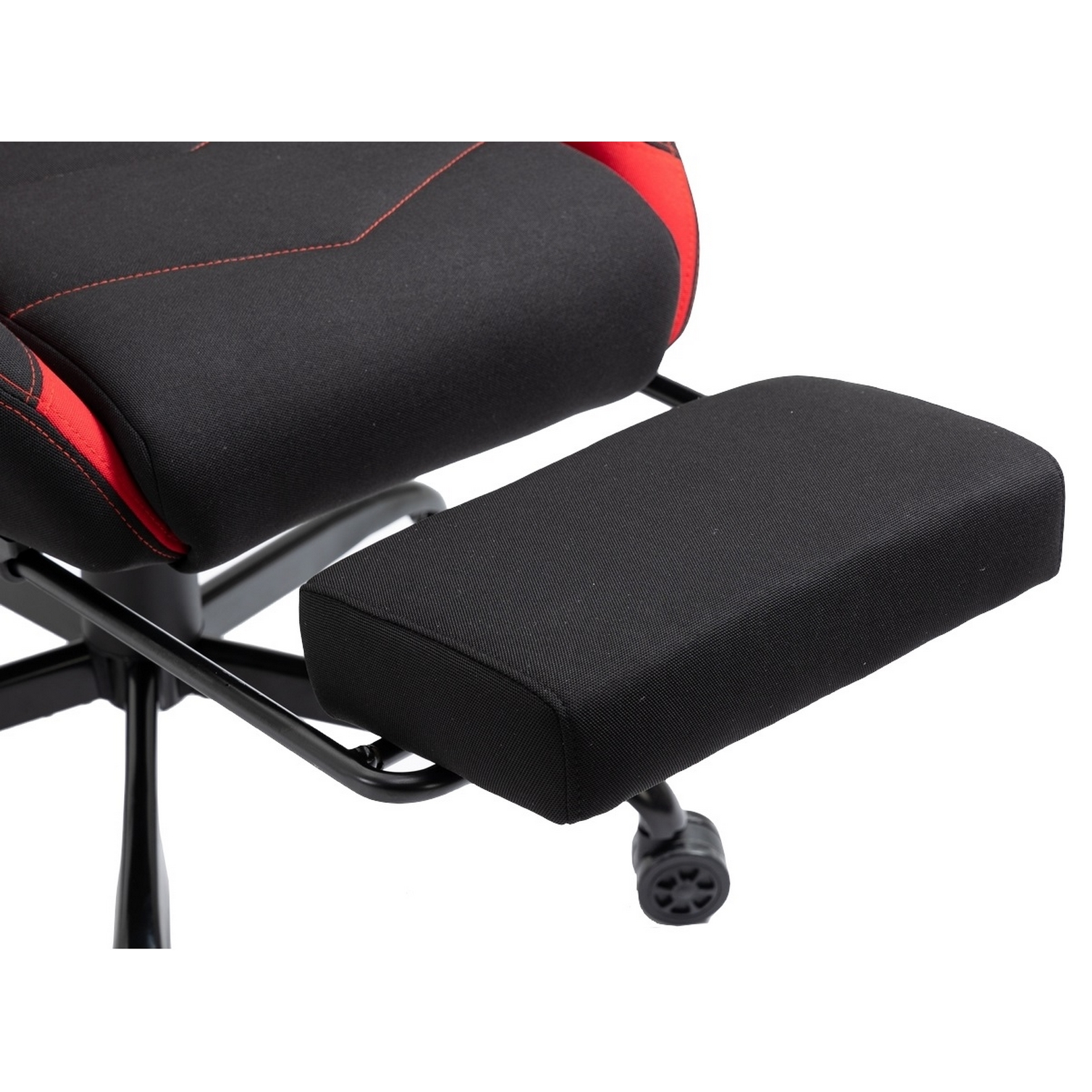 Ein ergonomischer Kniestuhl in Schwarz und Rot. Der Stuhl hat eine Kniestütze, einen Sitz und eine Rückenlehne.