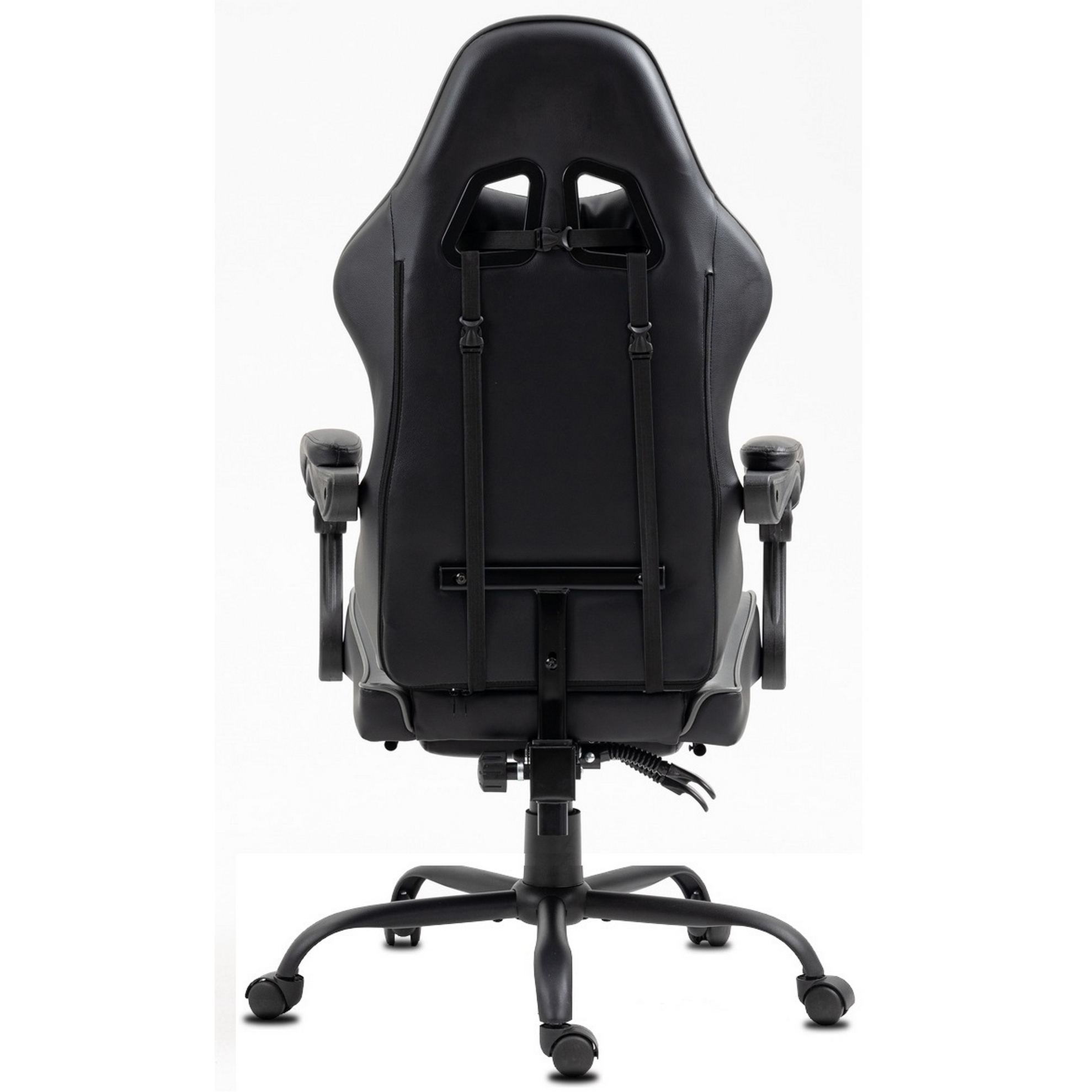 Ein schwarzer Gaming-Stuhl wird von hinten betrachtet. Er hat eine hohe Rückenlehne, Armlehnen und ein Fünf-Sterne-Gestell mit Rollen.