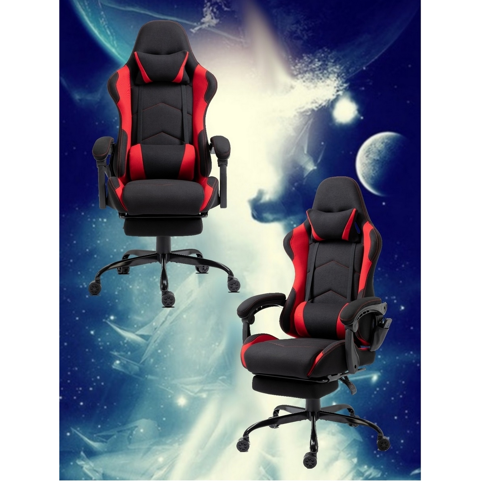 Zwei schwarze und rote Gaming-Stühle vor einem blauen Weltraumhintergrund. Ein Stuhl ist vorne.