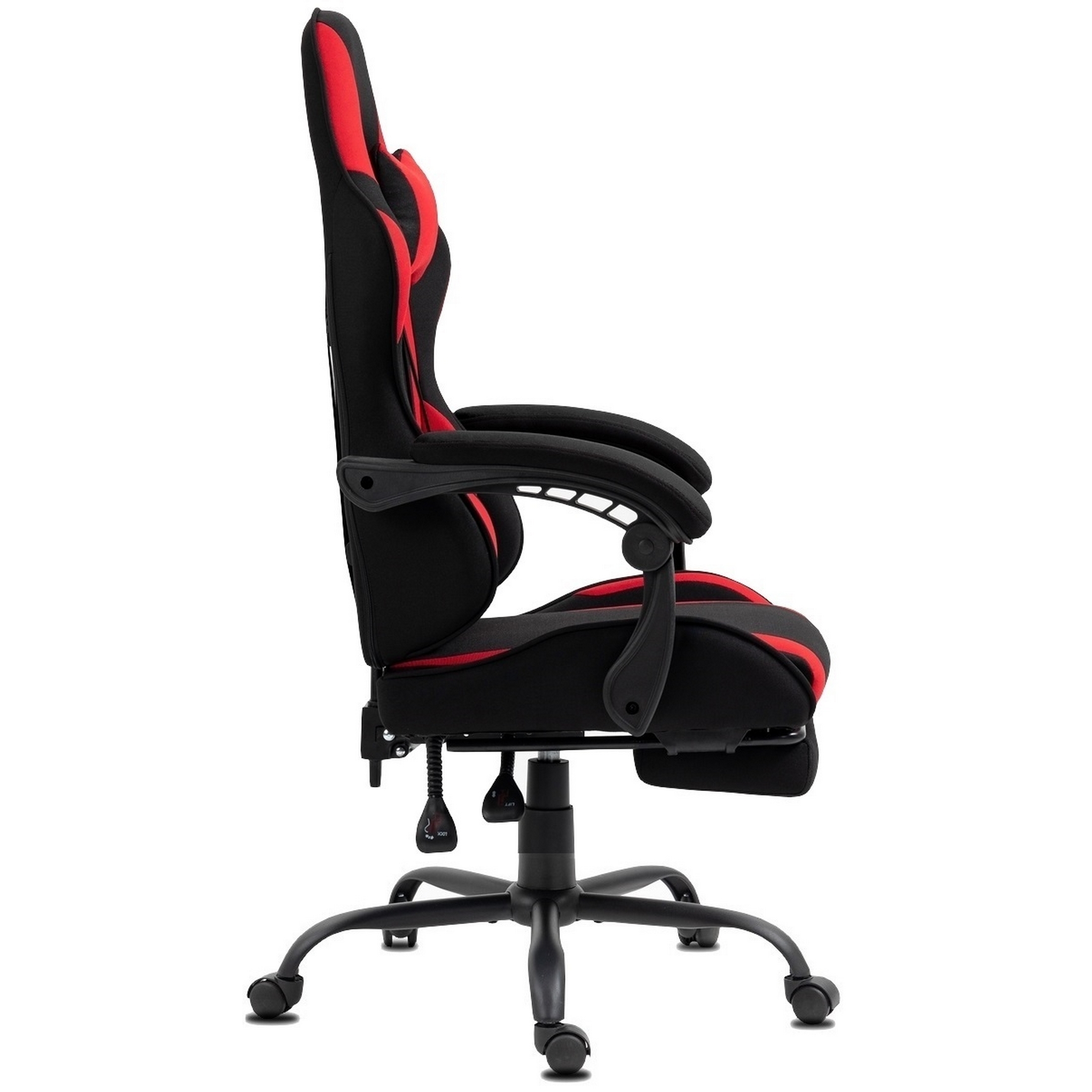 Seitenansicht eines schwarz-roten Gaming-Stuhls. Er hat eine hohe Rückenlehne, Armlehnen und ein Fünf-Rad-Gestell.