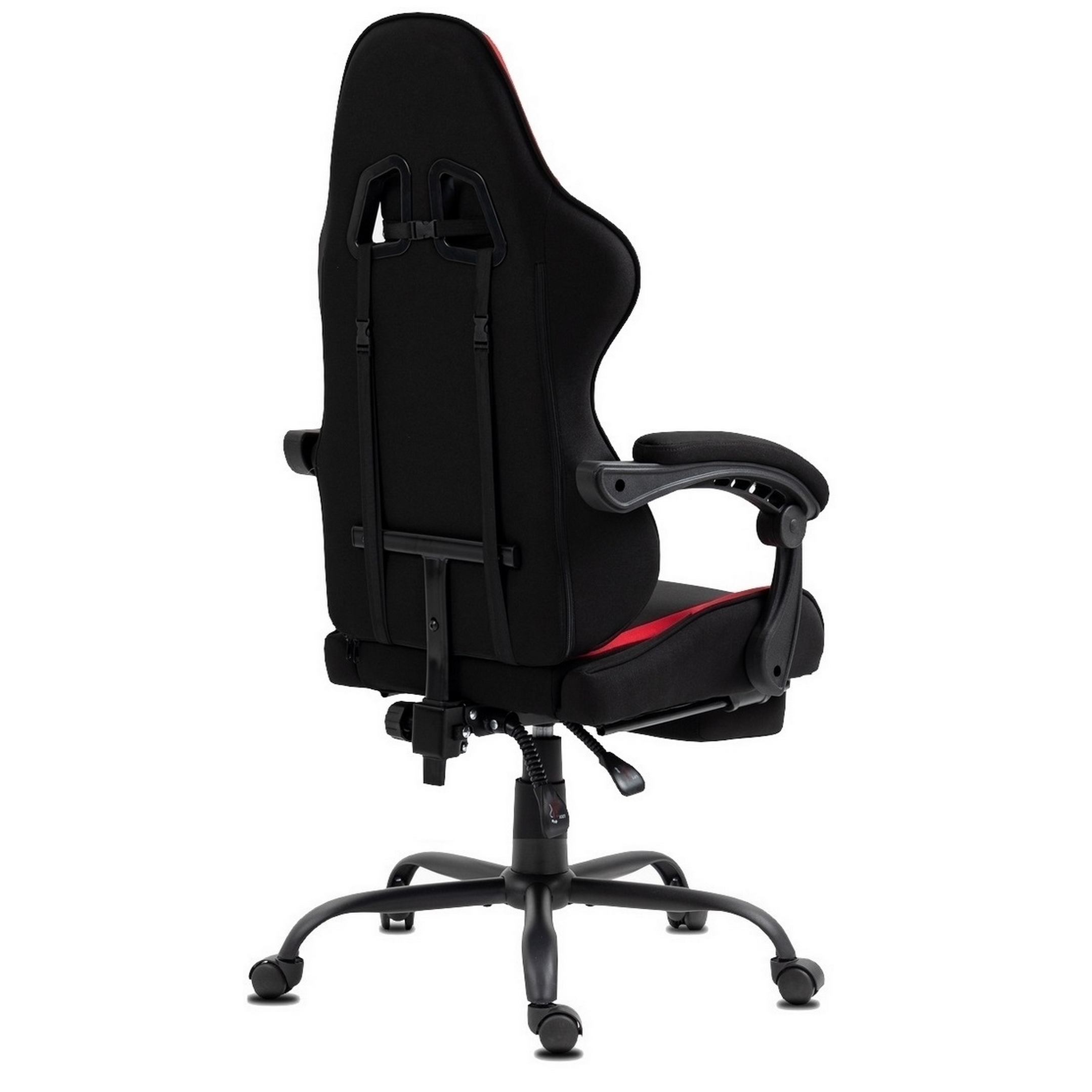 Schwarzer und roter Gaming-Stuhl. Er hat eine hohe Rückenlehne, Armlehnen und ein Fünf-Sterne-Gestell mit Rädern.