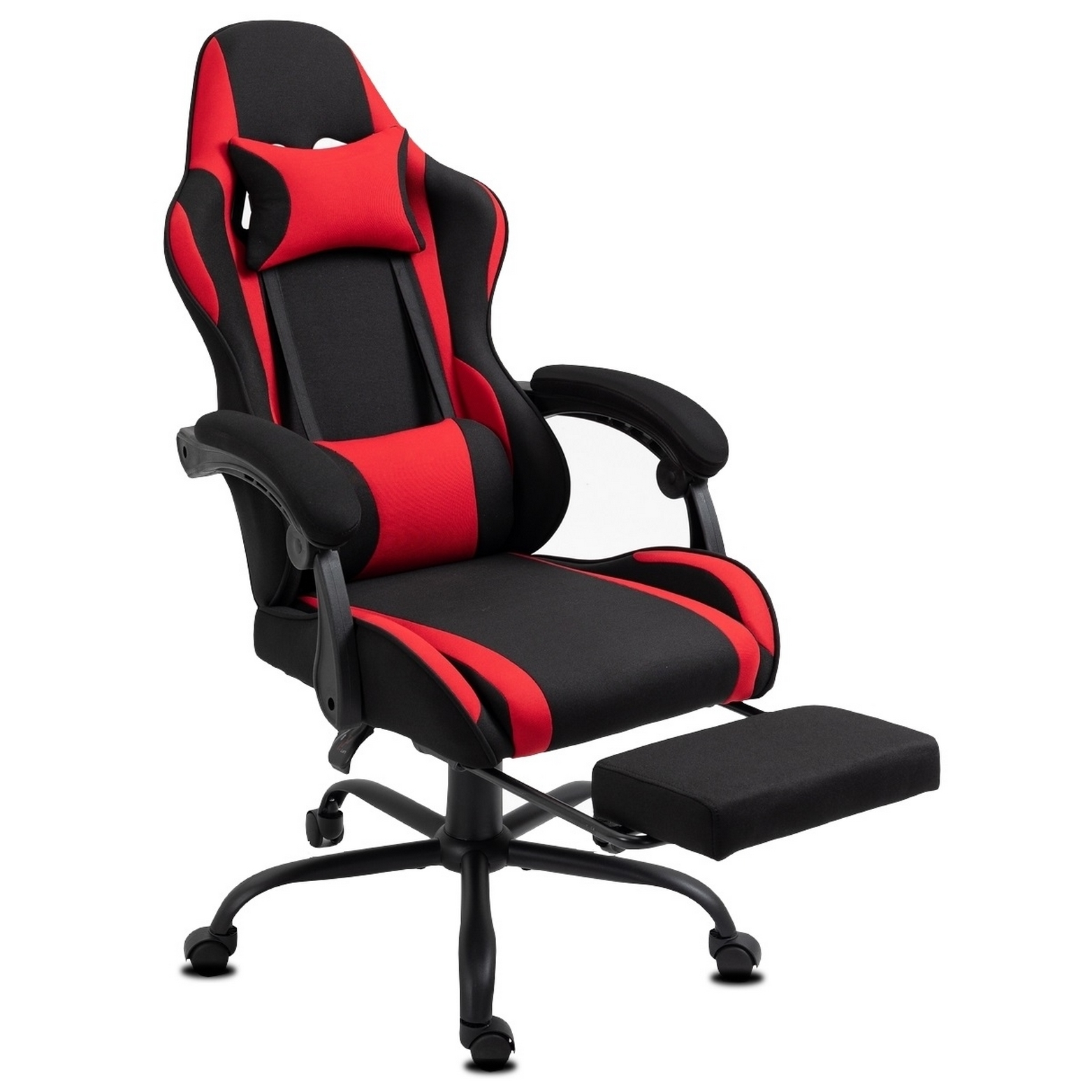 Ein Gaming-Stuhl mit schwarzem und rotem Design. Er hat eine Kopfstütze, Lendenwirbelstütze, Armlehnen und eine Fußstütze.