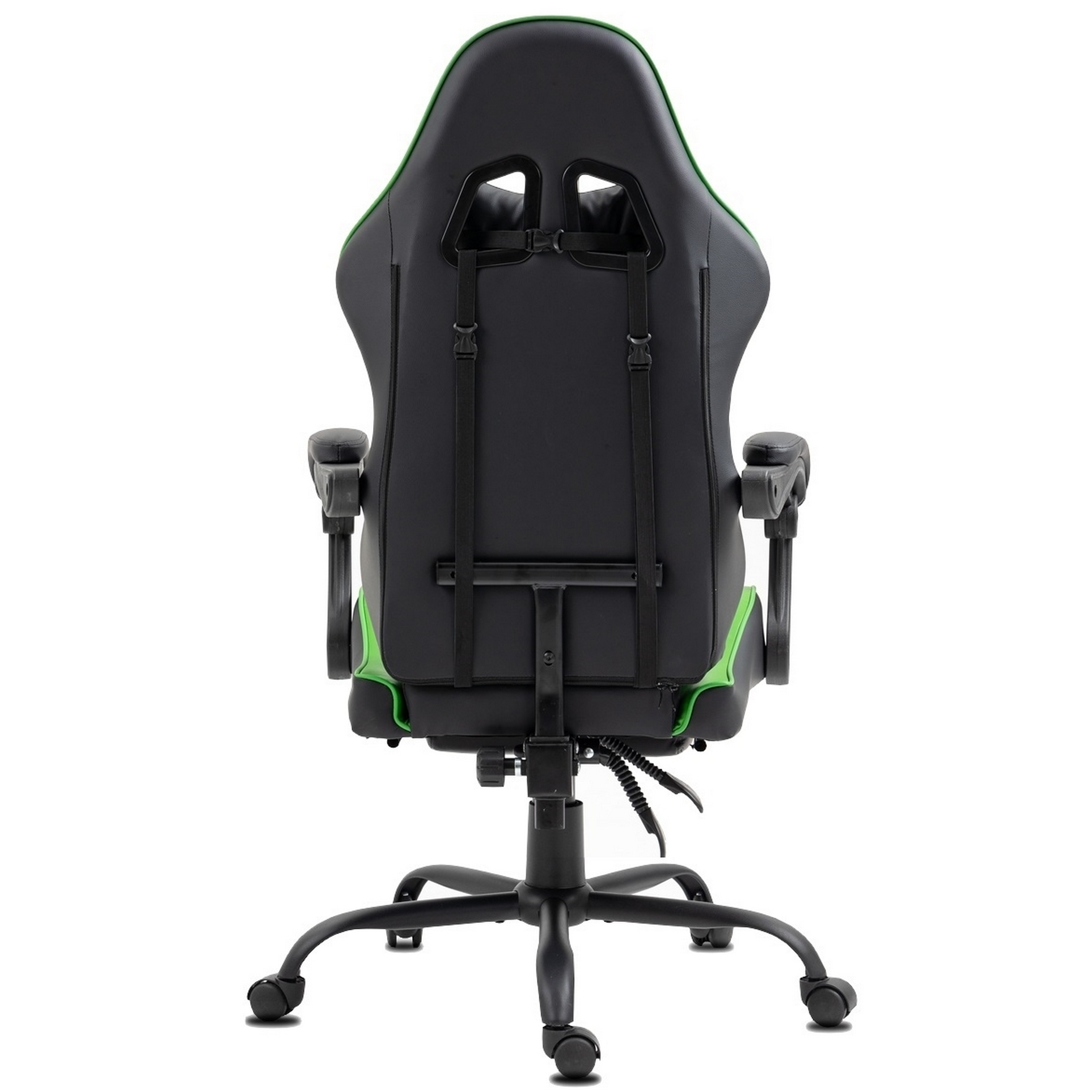 Schwarzer und grüner Gaming-Stuhl, Rückansicht. Verfügt über eine hohe Rückenlehne, Armlehnen und ein Fünf-Sterne-Gestell mit Rädern.