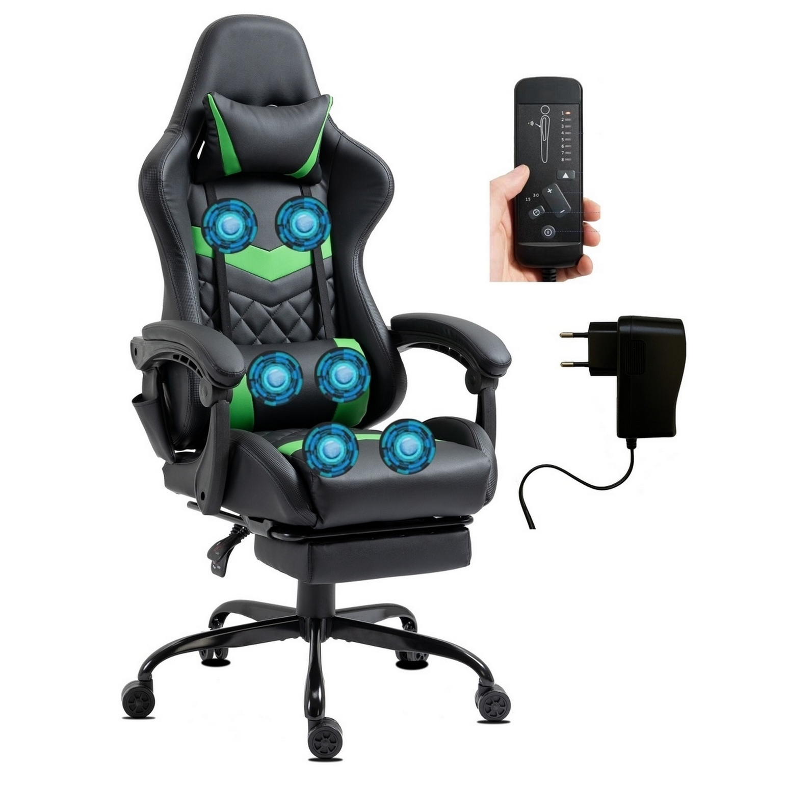 Schwarzer und grüner Gaming-Stuhl mit Massagepunkten, Fernbedienung und Netzteil.