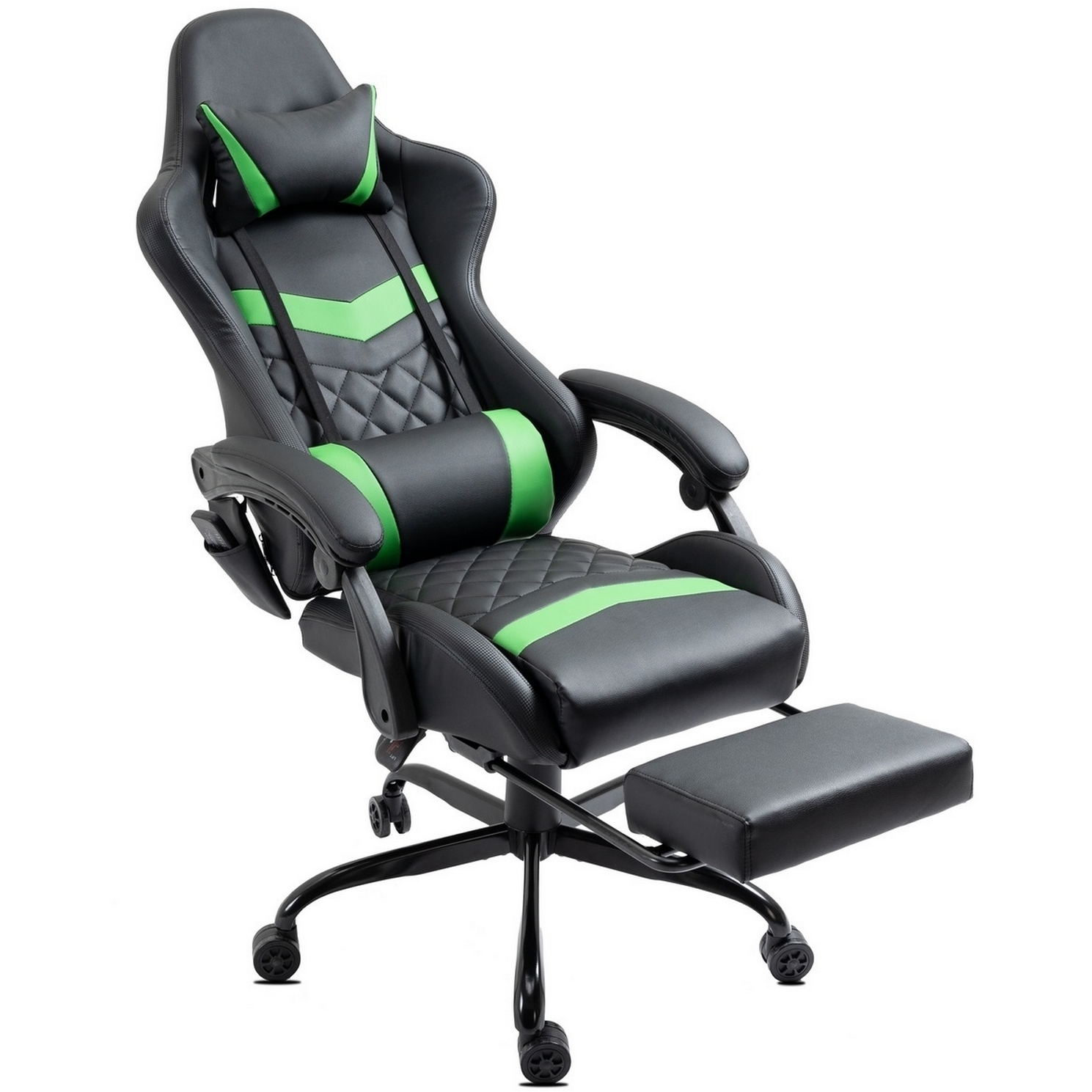 Ein schwarzer Gaming-Stuhl mit grünen Akzenten. Er hat eine Kopfstütze, Lendenwirbelstütze, Armlehnen und eine Fußstütze. Der Stuhl steht auf Rollen.