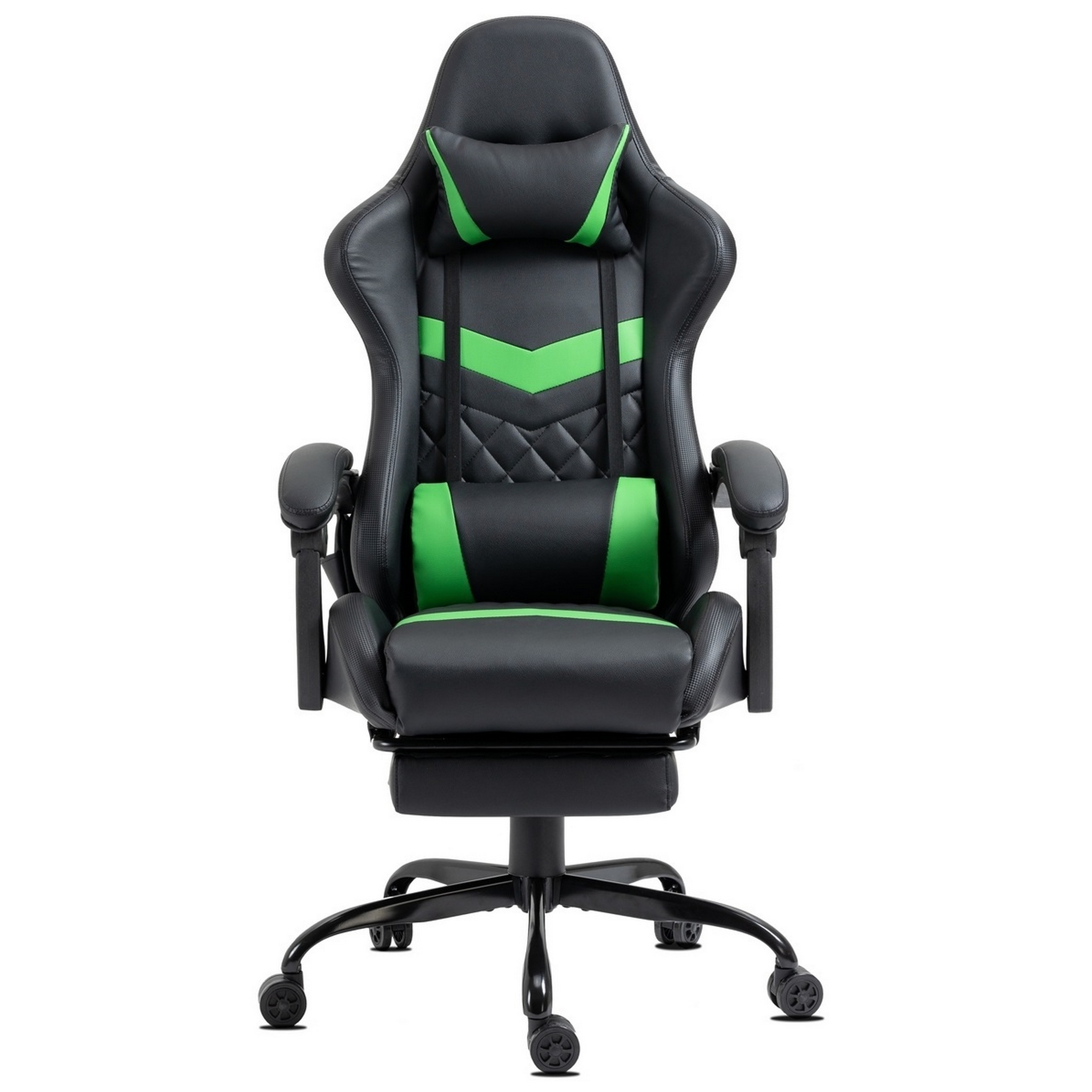Ein schwarzer und grüner Gaming-Stuhl. Er hat eine Kopfstütze, Lendenwirbelstütze, Armlehnen und eine Fußstütze. Er ist auf weißem Hintergrund.
