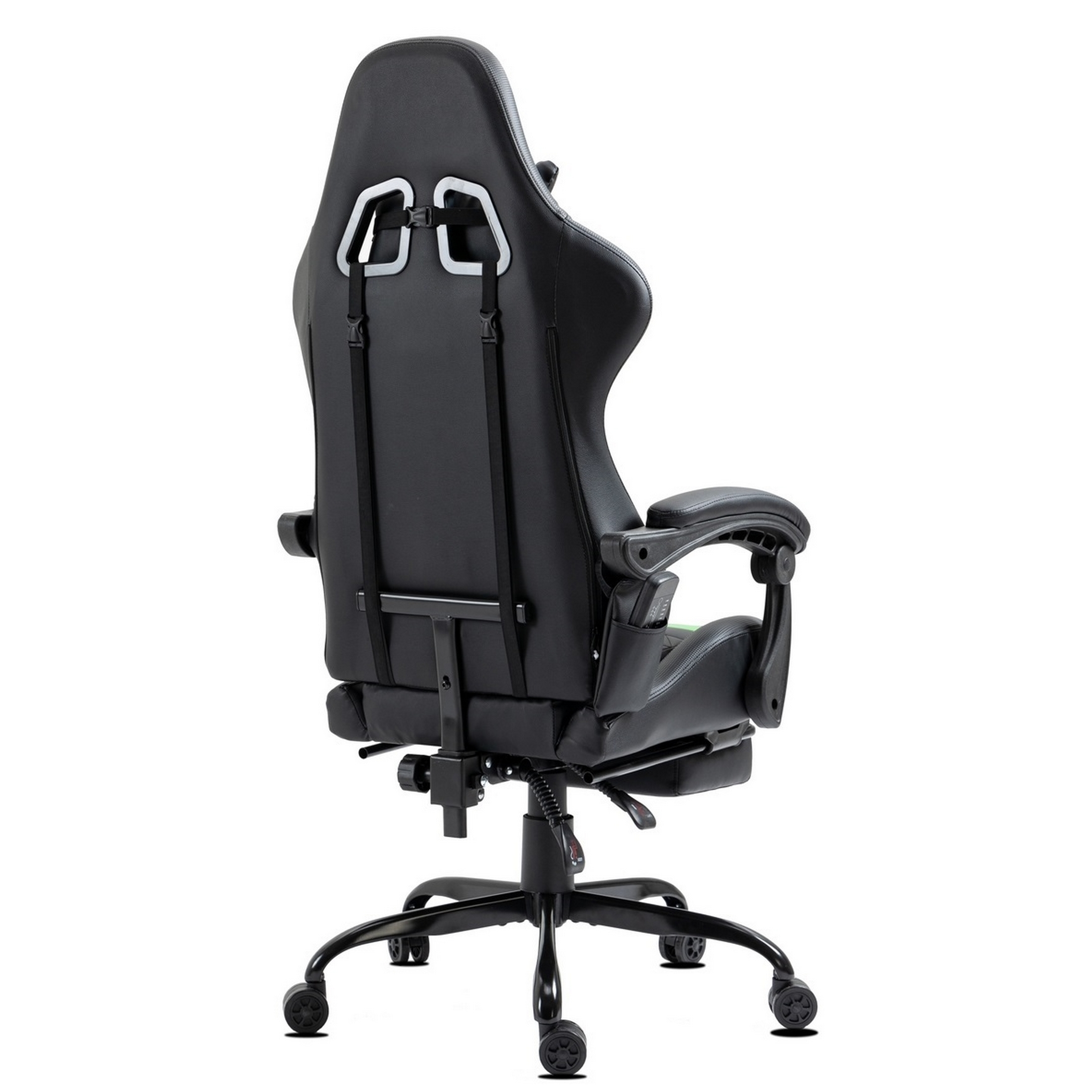 Schwarzer Gaming-Stuhl mit weißen Akzenten. Verfügt über eine hohe Rückenlehne, Armlehnen und ein Fünf-Rad-Gestell.