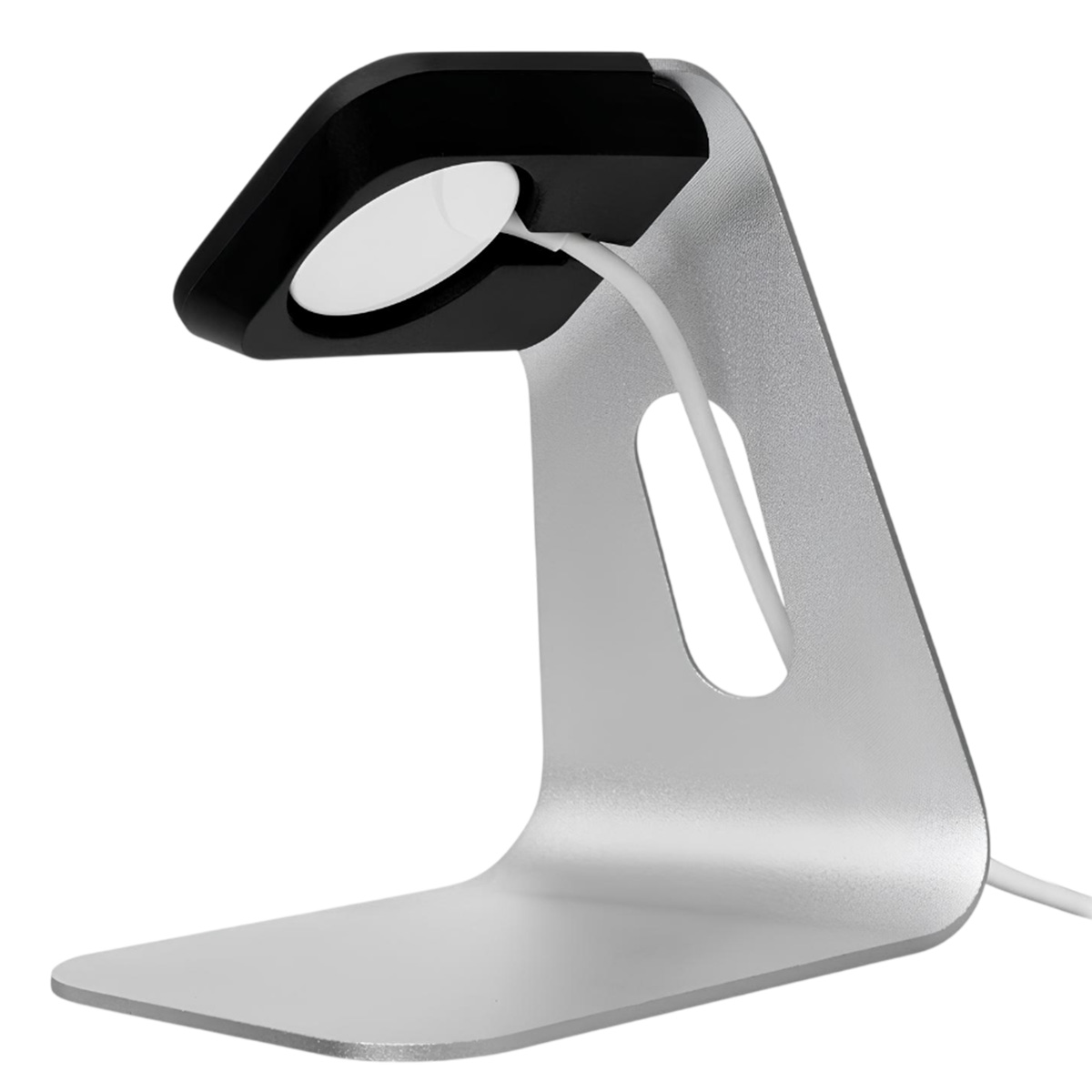Un supporto di ricarica argento per Apple Watch con parte superiore nera. Un Apple Watch bianco sopra, con cavo bianco.