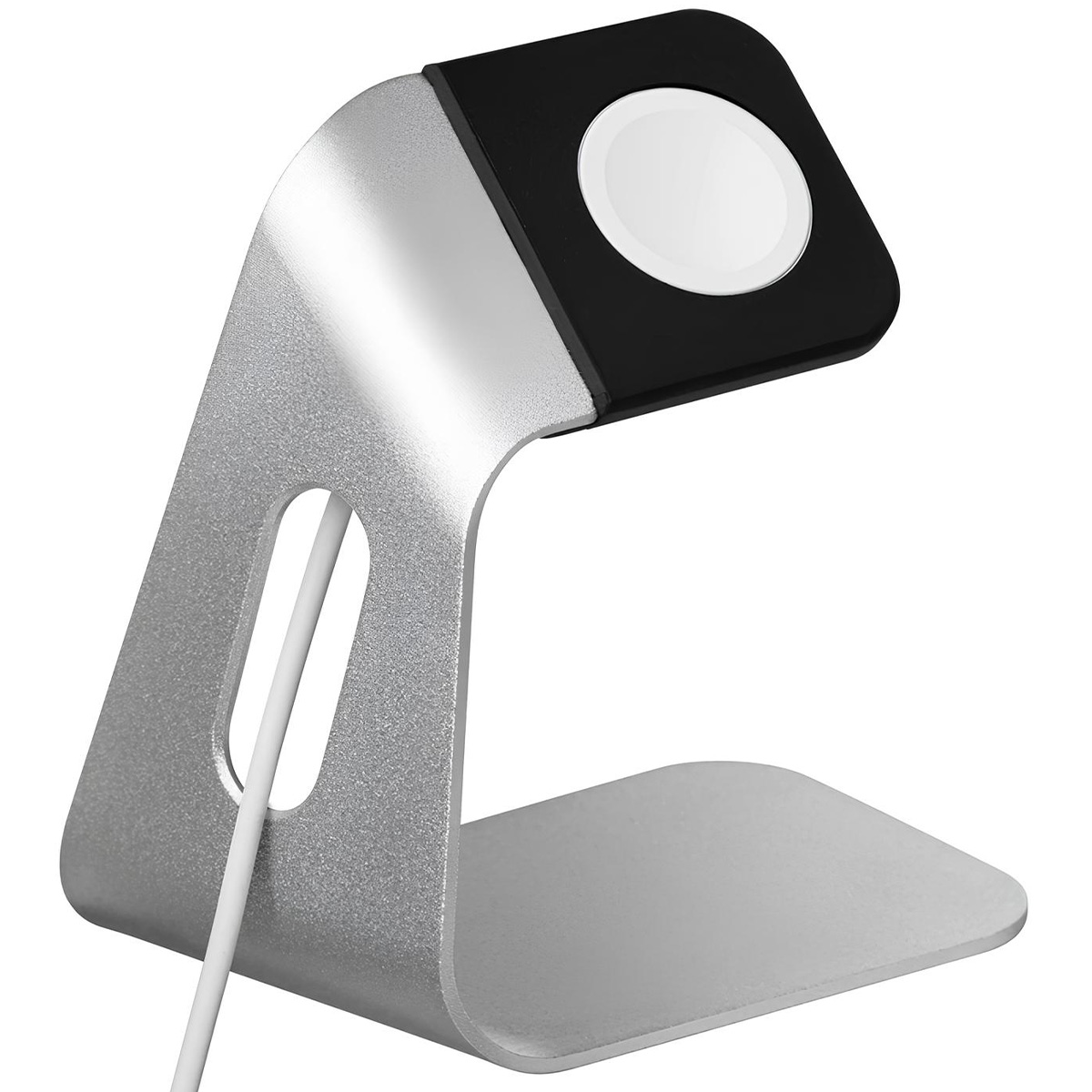 Un supporto di ricarica argentato per Apple Watch con parte superiore nera e disco di ricarica bianco. Un cavo bianco parte dal supporto.