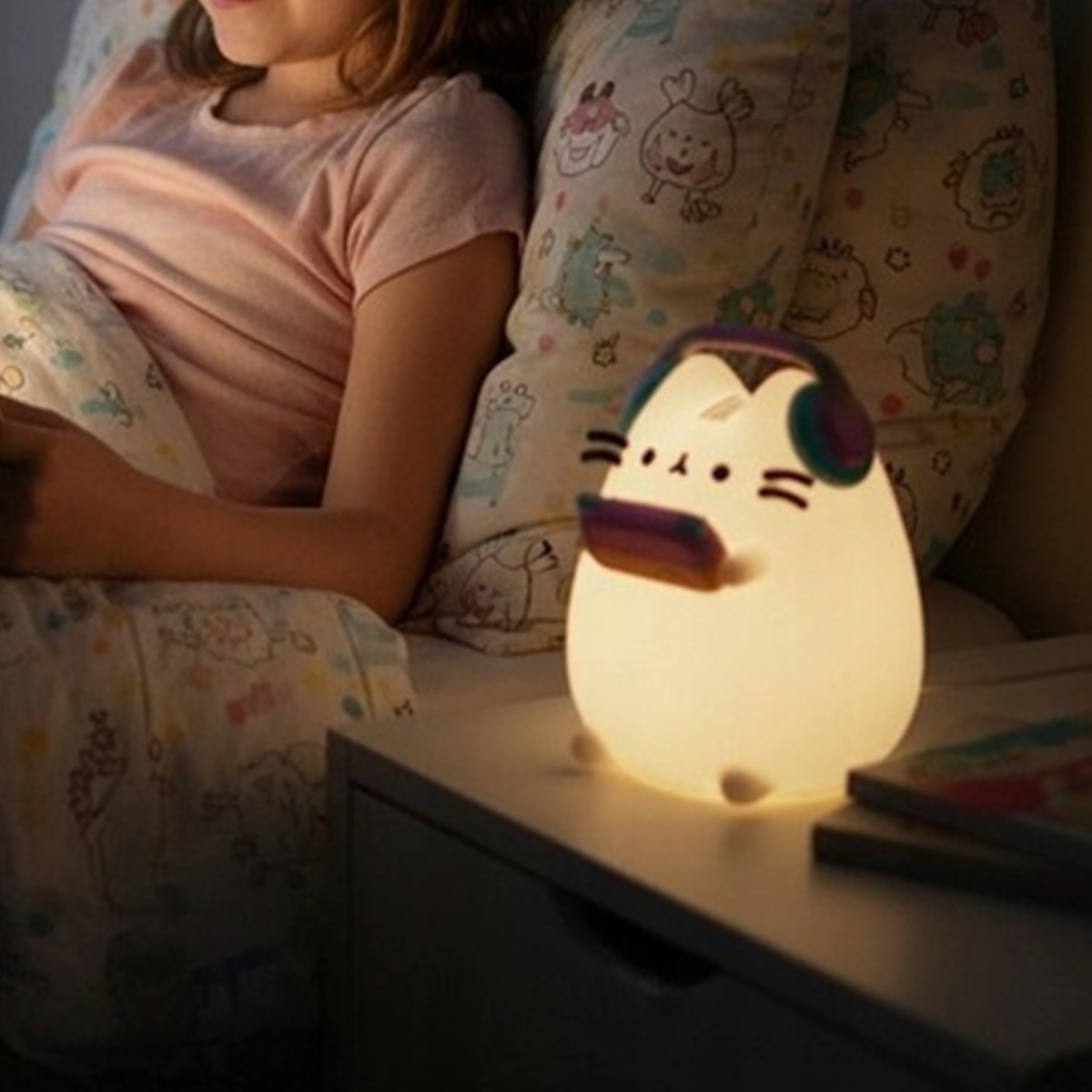 Ein Mädchen im Bett mit einer leuchtenden katzenförmigen Lampe auf dem Nachttisch. Die Lampe ist weiß mit Kopfhörern. Der Raum ist sanft beleuchtet.