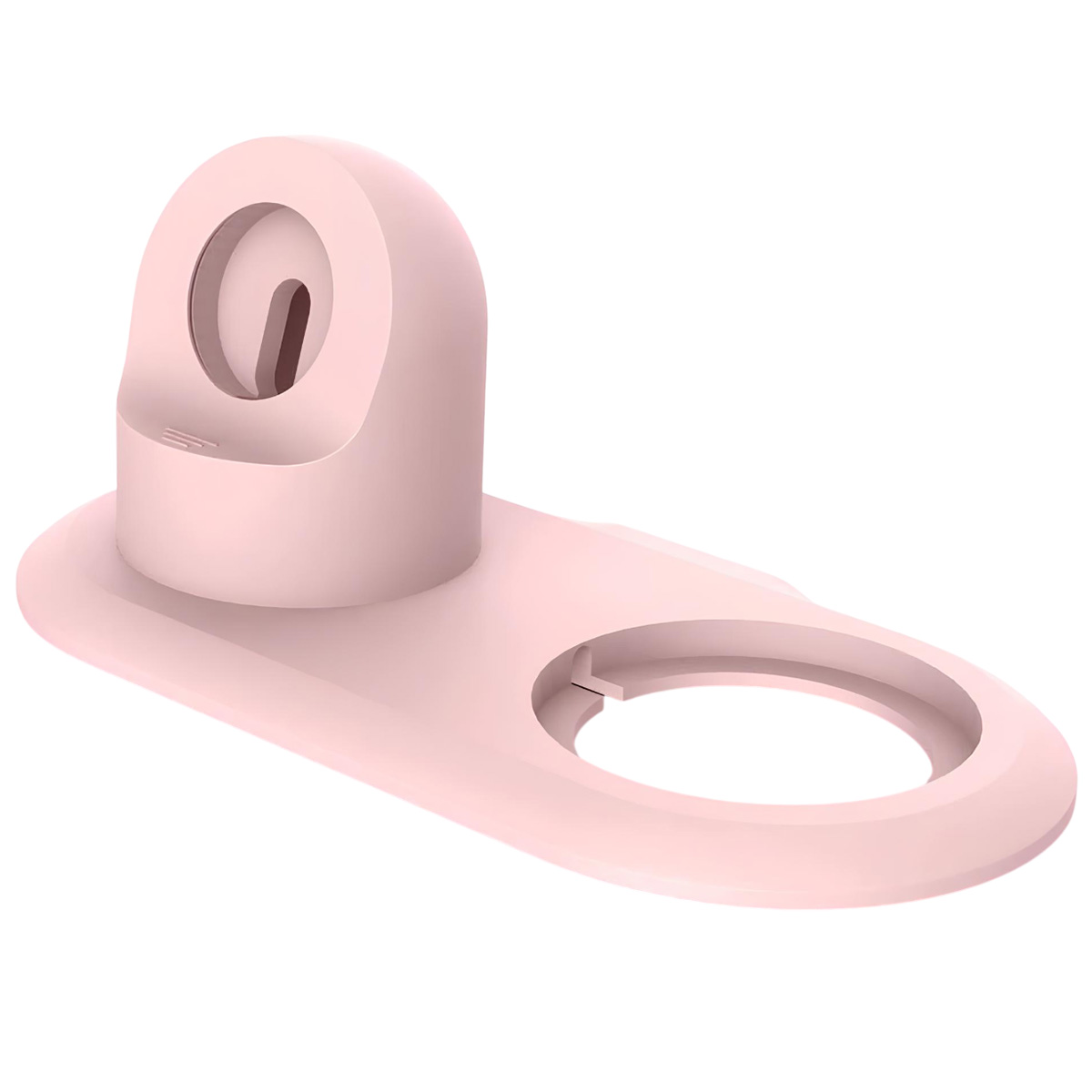 Un support de charge rose clair. Il possède un berceau arrondi avec une fente et une base large avec une ouverture circulaire.