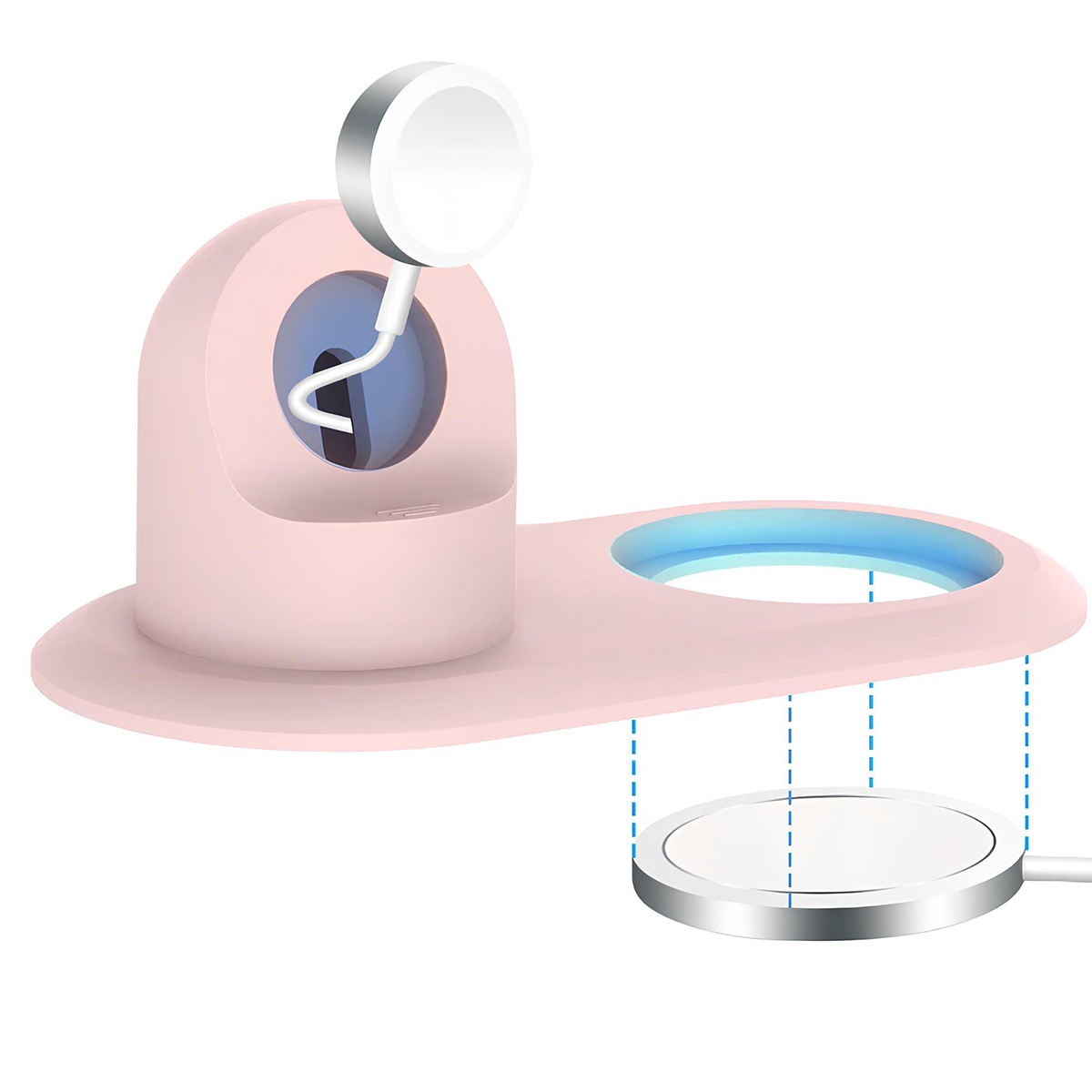 Une station de recharge rose pour Apple Watch et téléphone. Inclut un chargeur de montre, un socle de recharge et un câble blanc.