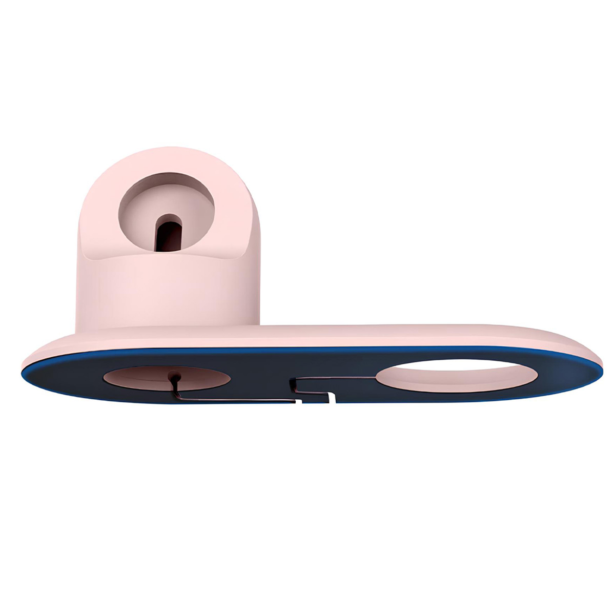 Une station de recharge rose et bleu foncé. Elle a une base ronde avec une section longue et plate avec un trou.