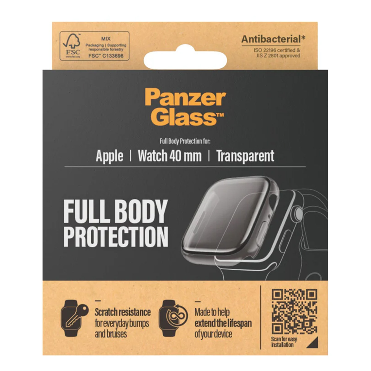 Een Panzer Glass doos voor Apple Watch 40mm. Het is transparant en biedt volledige lichaamsbescherming. Kenmerken zijn krasbestendigheid en levensduurverlenging.