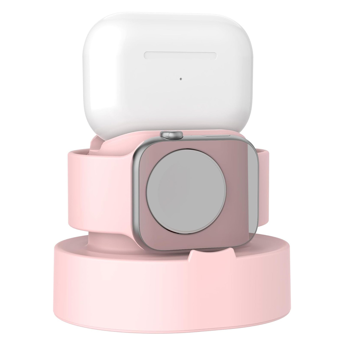 Ein rosa Ladeständer mit einer Smartwatch und einem weißen Ohrhörer-Etui. Die Uhr hat ein rosa Zifferblatt und Armband.