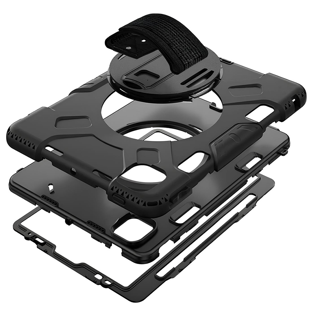 Schwarze Tablet-Hülle mit mehreren Schichten, einschließlich Riemen und Rahmen. Die Schichten sind getrennt.