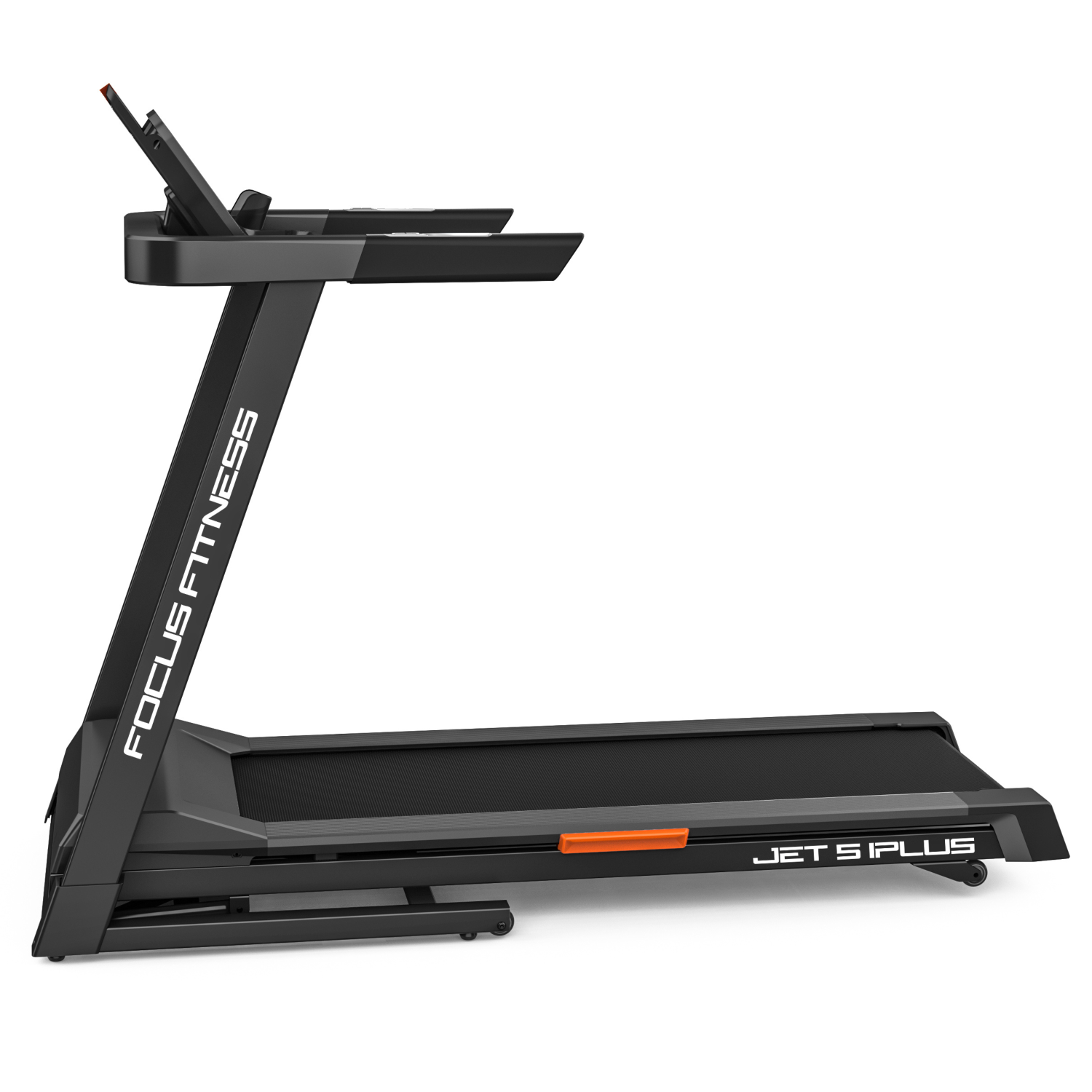 A black treadmill with the words "FOCUS FITNESS" and "JET 5 PLUS" on it. The treadmill is on a white background.
