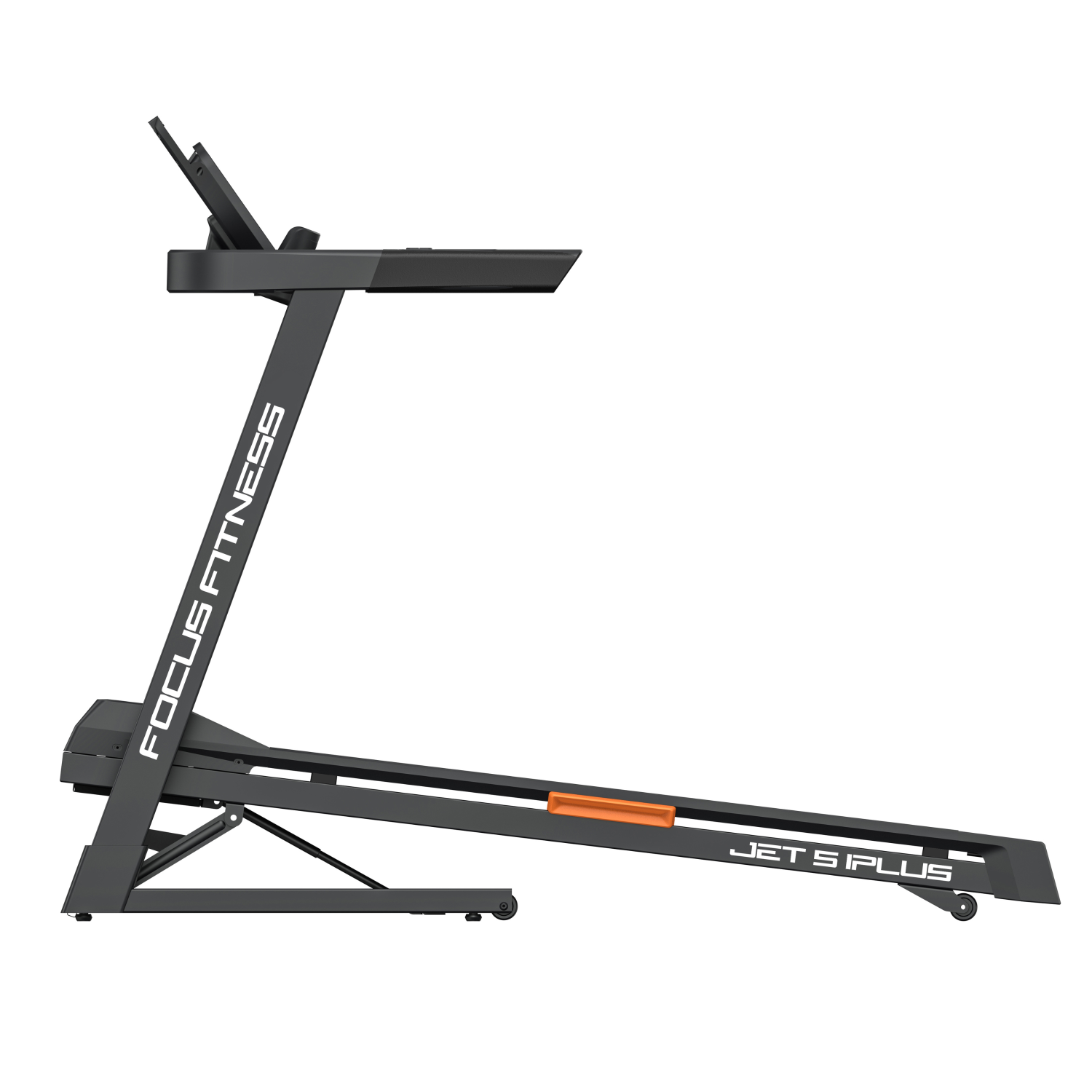 A treadmill in profile view, black with orange accents. It has the words 'FOCUS FITNESS' and 'JET S PLUS' on it. White background.