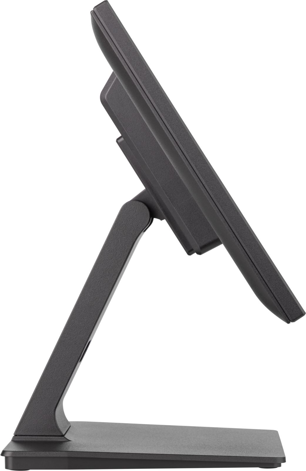 Ciemny monitor, ustawiony pod kątem do boku, ze stojakiem. Monitor i stojak są ciemnoszare na białym tle.