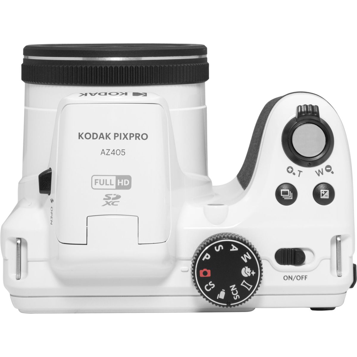 Una fotocamera bianca Kodak Pixpro AZ405. Ha un obiettivo nero, una ghiera delle modalità e vari pulsanti. La fotocamera è su una superficie bianca.