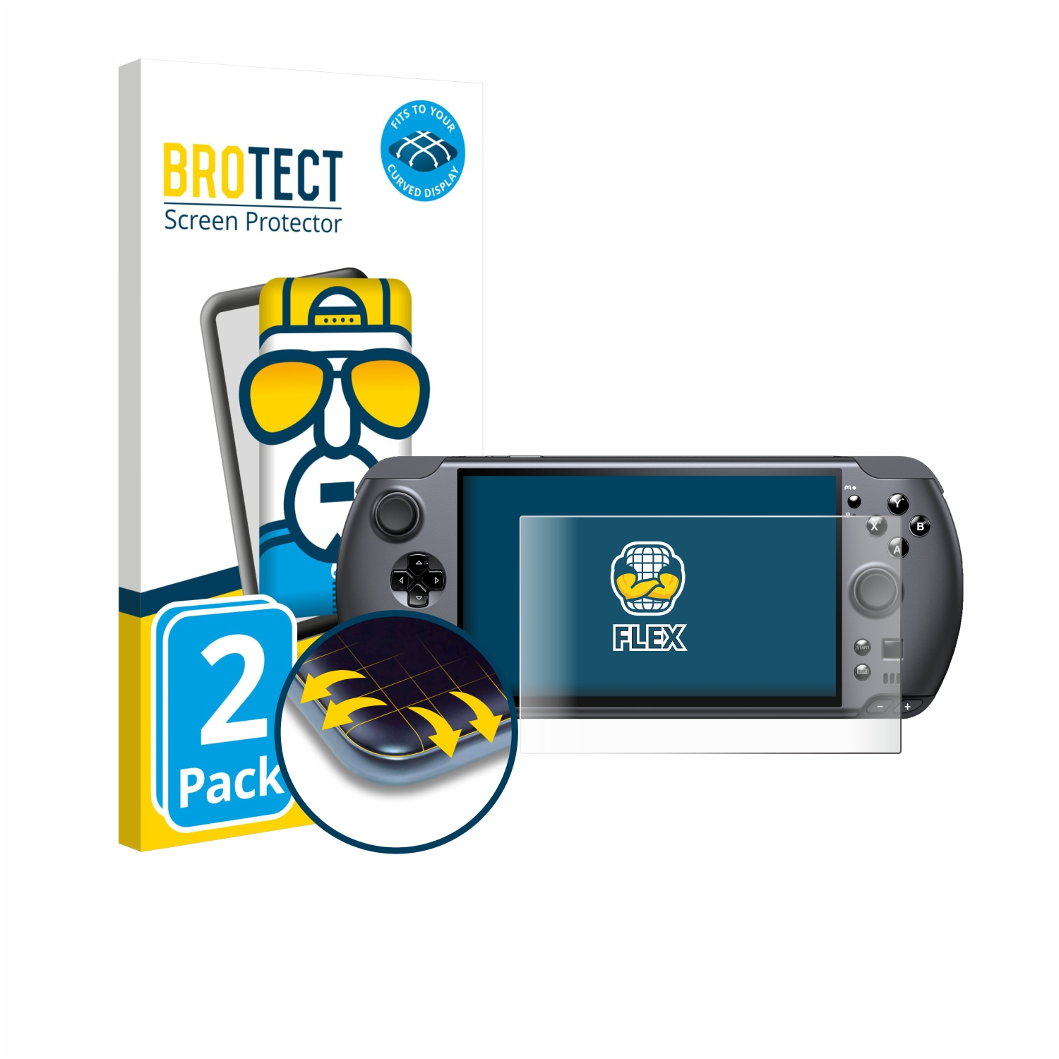 Eine Displayschutzfolienbox mit einer Handheld-Konsole und Displayschutzfolie davor. Die Box hat eine Cartoonfigur und Text.