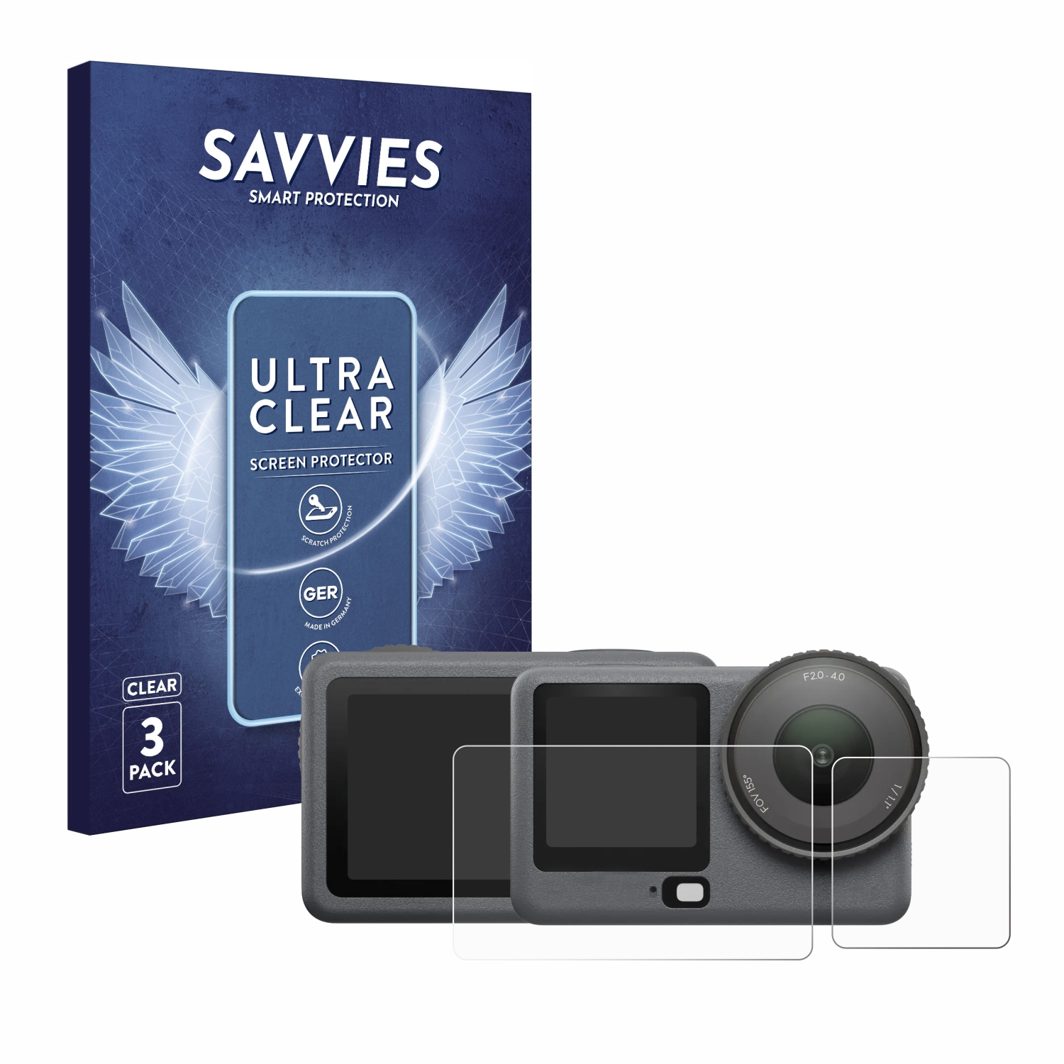 Eine Displayschutzfolien-Packung liegt neben einer Kamera. Auf der Verpackung steht 'SAVVIES', 'ULTRA CLEAR' und 'SCREEN PROTECTOR'. Es gibt '3 PACK'.