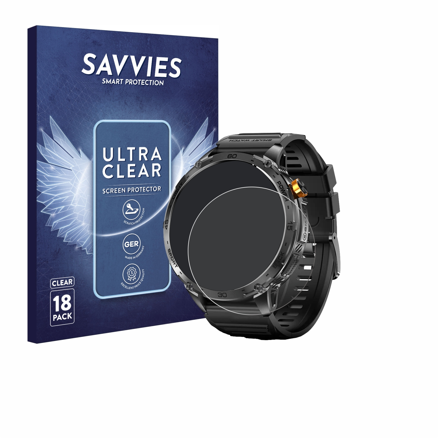 Eine Smartwatch neben einer Displayschutzfolienverpackung. Die Verpackung ist blau und trägt den Markennamen SAVVIES. Die Uhr ist schwarz.