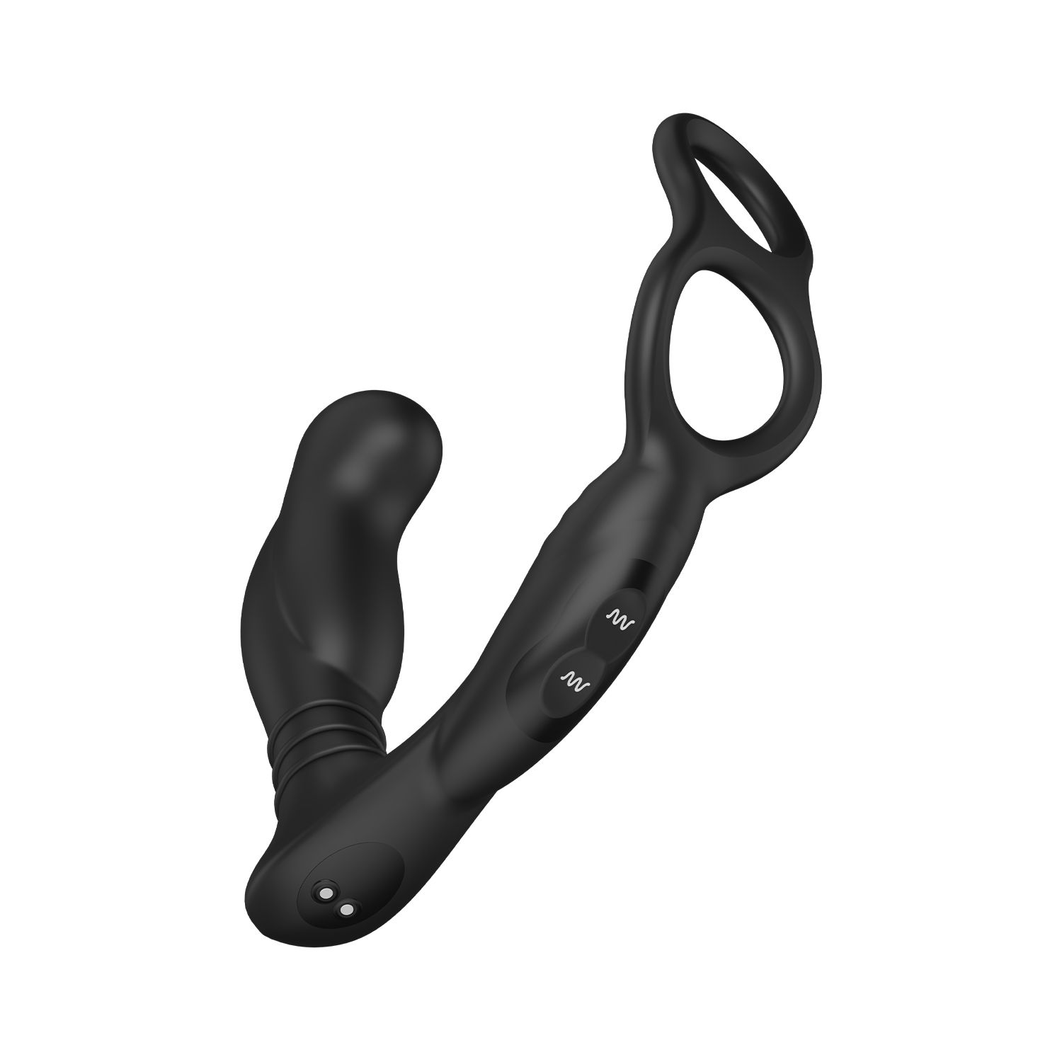 Ein schwarzes Sexspielzeug. Es hat ein gebogenes Design mit einem Ringgriff, zwei Knöpfen und einer abgerundeten Spitze mit zwei kleinen Löchern.