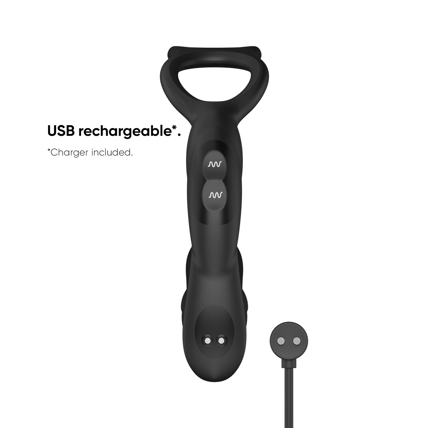 Ein schwarzes Sexspielzeug mit Griff und zwei Knöpfen, zusammen mit einem magnetischen Ladegerät. Text: 'USB wiederaufladbar'.