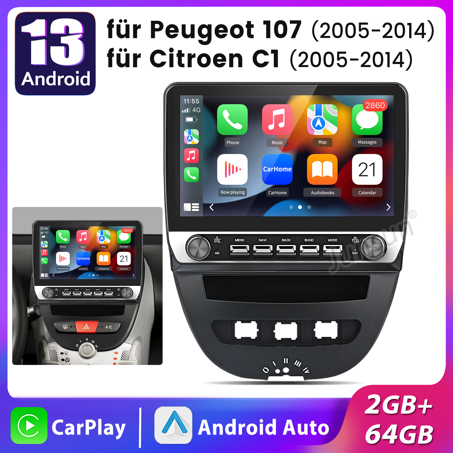 Radio samochodowe z ekranem wyświetlającym ikony aplikacji. Posiada logo CarPlay i Android Auto. Tekst mówi 2GB+ 64GB.